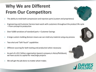    The ability to mold both compression and injection parts (custom and proprietary)

   Engineering and Customer Service team work with customers throughout the product life cycle
    – From concept to production

   Over 9,000 variations of standard parts = Customer Savings

   A large custom molding division means we can mold any material using any process

   Two-shot and “Soft Touch” capabilities

   Offshore sourcing for both tooling and production when necessary

   As part of a $2.2 billion organization (parent company is Heico/Pettibone),
    we have access to capital for new/large projects

   We will get the job done no matter what it takes


                                                       16

                                                                                                  16
 