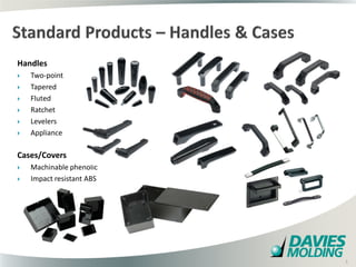 Handles
   Two-point
   Tapered
   Fluted
   Ratchet
   Levelers
   Appliance

Cases/Covers
   Machinable phenolic
   Impact resistant ABS




                           3

                               3
 