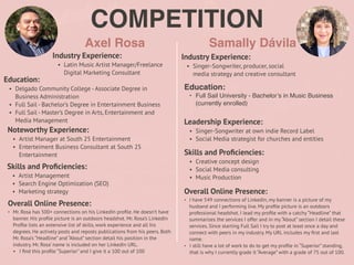 COMPETITION
Axel Rosa
Noteworthy Experience:
• Artist Manager at South 25 Entertainment
• Enterteiment Business Consultant at South 25
Entertainment
Samally Dávila
HEADSHOT HEADSHOT
Industry Experience:
• Latin Music Artist Manager/Freelance
Digital Marketing Consultant
Education:
• Delgado Community College - Associate Degree in
Business Administration
• Full Sail - Bachelor’s Degree in Entertainment Business
• Full Sail - Master’s Degree in Arts, Entertainment and
Media Management
Skills and Pro
fi
ciencies:
• Artist Management
• Search Engine Optimization (SEO)
• Marketing strategy
Overall Online Presence:
• Mr. Rosa has 500+ connections on his LinkedIn pro
fi
le. He doesn’t have
banner. His pro
fi
le picture is an outdoors headshot. Mr. Rosa’s LinkedIn
Pro
fi
le lists an extensive list of skills, work experience and all his
degrees. He actively posts and reposts publications from his peers. Both
Mr. Rosa’s “Headline” and “About” section detail his position in the
industry. Mr. Rosa’ name is included on her LinkedIn URL.
• I
fi
nd this pro
fi
le “Superior” and I give it a 100 out of 100
Industry Experience:
• Singer-Songwriter, producer, social
media strategy and creative consultant
Education:
• Full Sail University - Bachelor’s in Music Business
(currently enrolled)
Leadership Experience:
• Singer-Songwriter at own indie Record Label
• Social Media strategist for churches and entities
Skills and Pro
fi
ciencies:
• Creative concept design
• Social Media consulting
• Music Production
Overall Online Presence:
• I have 549 connections of LinkedIn, my banner is a picture of my
husband and I performing live. My pro
fi
le picture is an outdoors
professional headshot. I lead my pro
fi
le with a catchy “Headline” that
summarizes the services I offer and in my “About” section I detail these
services. Since starting Full Sail I try to post at least once a day and
connect with peers in my industry. My URL includes my
fi
rst and last
name.
• I still have a lot of work to do to get my pro
fi
le in “Superior” standing,
that is why I currently grade it “Average” with a grade of 75 out of 100.
 