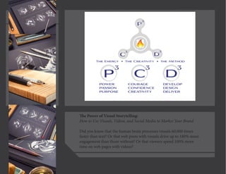 The Power of Visual Storytelling:
How to Use Visuals, Videos, and Social Media to Market Your Brand
Did you know that the human brain processes visuals 60,000 times
faster than text? Or that web posts with visuals drive up to 180% more
engagement than those without? Or that viewers spend 100% more
time on web pages with videos?
 