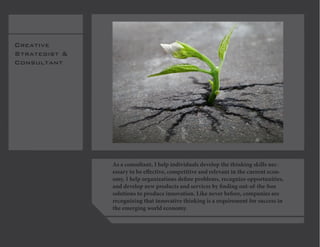 Creative
Strategist &
Consultant
As a consultant, I help individuals develop the thinking skills nec-
essary to be effective, competitive and relevant in the current econ-
omy. I help organizations define problems, recognize opportunities,
and develop new products and services by finding out-of-the-box
solutions to produce innovation. Like never before, companies are
recognizing that innovative thinking is a requirement for success in
the emerging world economy.
 