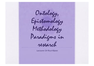 Ontology,
Epistomology
Methodology
Paradigms in
research
Lecturer:  Dr Rica  Viljoen
 