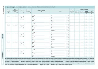 Mod. IFAP-0454.02.EL – 5/9




                                               5 – CARACTERIZAÇÃO DAS PARCELAS DESTINO – FORMA DE CONDUÇÃO, CASTAS E DIREITOS DE PLANTAÇÃO

                                                                        Área                                                                                                                                                                                                     Direitos de Plantação
                                                    Parcela(s)                             Compasso            Forma de                                                                                                                             Área
                                                                     Reestruturada                                                              Destino da Produção
                                                   de Destino                                                  Condução                                                                                          Castas                          Classificada                                  Área do         Área
                                                                         (ha)                                                                           (e)                                                                                                      Código do      Tipo de
                                                       (a)                                            (c)                 (d)                                                                                                                         (f)                                                  Utilizada do
                                                                                                                                                                                                                                                                                              Direito (ha) Direito (ha)
                                                                                (b)                                                                                                                                                                              Direito (g)   Direito (h)
                                                                                                                                                                                                                                                                                                   (i)          (j)

                                                                                                                                     DO
                                                                                                                                                                                         1.                                                  %
                                                                            ,                ,         m                        Nome                                                                                                                                                               ,               ,
                                                                                                 X                                                                                       2.                                                  %
                                                                                                                                ha
                                                                                             ,         m                             IG                                                  3.                                                  %                                                     ,               ,
                                                                                                                                Nome                                                     4.                                                  %
                                                                                                                                ha                                                       5. Outras                                           %                                                     ,               ,

                                                                                                                                     DO
                                                                                                                                                                                         1.                                                  %
                                                                            ,                ,         m                        Nome                                                                                                                                                               ,               ,
                                                                                                 X                                                                                       2.                                                  %
                                                                                                                                ha
                                                                                             ,         m                             IG                                                  3.                                                  %                                                     ,               ,
                                                                                                                                Nome                                                     4.                                                  %
                                                                                                                                ha                                                       5. Outras                                           %                                                     ,               ,

                                                                                                                                     DO
                                                                                                                                                                                         1.                                                  %
                                                                            ,                ,         m                        Nome                                                                                                                                                               ,               ,
NIF / NIPC




                                                                                                 X                                                                                       2.                                                  %
                                                                                                                                ha
                                                                                             ,         m                             IG                                                  3.                                                  %                                                     ,               ,
                                                                                                                                Nome                                                     4.                                                  %
                                                                                                                                ha                                                       5. Outras                                           %                                                     ,               ,

                                                                                                                                     DO
                                                                                                                                                                                         1.                                                  %
                                                                            ,                ,         m                        Nome                                                                                                                                                               ,               ,
                                                                                                 X                                                                                       2.                                                  %
                                                                                                                                ha
                                                                                             ,         m                             IG                                                  3.                                                  %                                                     ,               ,
                                                                                                                                Nome                                                     4.                                                  %
                                                                                                                                ha                                                       5. Outras                                           %                                                     ,               ,

                                                                                                                                     DO
                                                                                                                                                                                         1.                                                  %
                                                                            ,                ,         m                        Nome                                                                                                                                                               ,               ,
                                                                                                 X                                                                                       2.                                                  %
                                                                                                                                ha
Candidatura N.º




                                                                                             ,         m                             IG                                                  3.                                                  %                                                     ,               ,
                                                                                                                                Nome                                                     4.                                                  %
                                                                                                                                ha                                                       5. Outras                                           %                                                     ,               ,

                                               (a) Número de Ordem da(s) parcela(s) indicada(s) como Destino (f) no Quadro 4.1, de acordo com a numeração obtida nesse Quadro. (Caso o número de parcelas seja superior ao número de linhas previsto, preencher tantos quadros quantos os necessários).   (b) Indicar a área
                                               reestruturada da parcela de vinha, ou seja indicar a área de plantação referente ao investimento.            (c) Indicar o compasso.           (d) P (Prostrada); FBL (Forma Baixa Livre); FBA (Forma Baixa Aramada); FA (Forma Alta).             (e) DO – Denominação
                                               de Origem; IG – Indicação Geográfica.             (f) Campo a assinalar caso a parcela se encontre incluída em Área Classificada no âmbito da Conservação da Natureza                (g) Indicar o código do(s) direito(s) que será(ão) utilizados na parcela em causa.

                                               Deverão ser utilizadas tantas linhas quantas necessárias de forma a indicar todos os direitos que serão utilizados na mesma parcela.                       (h) Indicar o tipo de Direito: RCA – Replantação com Arranque Prévio; RSA – Replantação sem Arranque
                                               Prévio; TDR – Transferência de Direitos de Replantação; NDP – Novos Direitos de Plantação.              (i) Indicar área do Direito.      (j) Indicar a área do Direito a utilizar na parcela em causa.
 