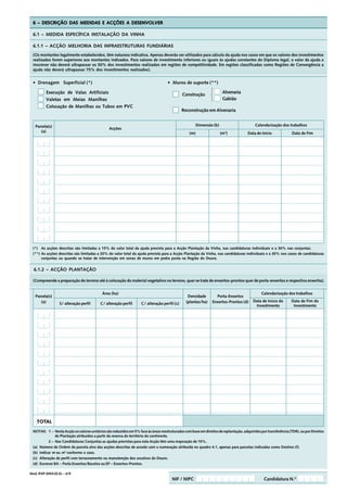 6 – DESCRIÇÃO DAS MEDIDAS E ACÇÕES A DESENVOLVER

  6.1 – MEDIDA ESPECÍFICA INSTALAÇÃO DA VINHA

  6.1.1 – ACÇÃO MELHORIA DAS INFRAESTRUTURAS FUNDIÁRIAS
  (Os montantes legalmente estabelecidos, têm natureza indicativa. Apenas deverão ser utilizados para cálculo da ajuda nos casos em que os valores dos investimentos
  realizados forem superiores aos montantes indicados. Para valores de investimento inferiores ou iguais às ajudas constantes do Diploma legal, o valor da ajuda a
  inscrever não deverá ultrapassar os 50% dos investimentos realizados em regiões de competitividade. Em regiões classificadas como Regiões de Convergência a
  ajuda não deverá ultrapassar 75% dos investimentos realizados).


  • Drenagem Superficial (*)                                                         • Muros de suporte (**)

          Execução de Valas Artificiais                                                                                 Alvenaria
                                                                                                Construção       
          Valetas em Meias Manilhas                                                                                     Gabião
          Colocação de Manilhas ou Tubos em PVC
                                                                                                Reconstrução em Alvenaria


   Parcela(s)                                                                                            Dimensão (b)                       Calendarização dos trabalhos
                                                 Acções
      (a)                                                                                          (m)                  (m3)           Data de Início              Data de Fim




  (*) As acções descritas são limitadas a 15% do valor total da ajuda prevista para a Acção Plantação da Vinha, nas candidaturas individuais e a 30% nas conjuntas.
  (**) As acções descritas são limitadas a 20% do valor total da ajuda prevista para a Acção Plantação da Vinha, nas candidaturas individuais e a 30% nos casos de candidaturas
       conjuntas ou quando se tratar de intervenção em zonas de muros em pedra posta na Região do Douro.


  6.1.2 – ACÇÃO PLANTAÇÃO

  (Compreende a preparação do terreno até à colocação do material vegetativo no terreno, quer se trate de enxertos-prontos quer de porta-enxertos e respectiva enxertia).


                                             Área (ha)                                                                                          Calendarização dos trabalhos
   Parcela(s)                                                                                      Densidade       Porta-Enxertos
      (a)                                                                                         (plantas/ha)   Enxertos-Prontos (d)     Data de Início do       Data de Fim do
                  S/ alteração perfil      C / alteração perfil      C / alteração perfil (c)
                                                                                                                                           Investimento            Investimento




    TOTAL
    TOTAL

  NOTAS: 1 – Nesta Acção os valores unitários são reduzidos em 5% face às áreas reestruturadas com base em direitos de replantação, adquiridos por transferência (TDR), ou por Direitos
                de Plantação atribuídos a partir da reserva do território do continente.
            2 – Nas Candidaturas Conjuntas as ajudas previstas para esta Acção têm uma majoração de 10%.
  (a) Número de Ordem da parcela alvo das acções descritas de acordo com a numeração atribuída no quadro 4.1, apenas para parcelas indicadas como Destino (f).
  (b) Indicar m ou m3 conforme o caso.
  (c) Alteração de perfil com terraceamento ou manutenção dos socalcos do Douro.
  (d) Escrever BA – Porta Enxertos/Bacelos ou EP – Enxertos-Prontos.

Mod. IFAP-0454.02.EL – 6/9
                                                                                        NIF / NIPC                                               Candidatura N.º
 