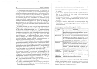 88                                                 Métodos de ense,imtzn     4 Métodos para la asimilación de conocimientos y el desarrollo COKtlitivo   89

    La importancia en la enseñanza or ientada por el mé todo de              • ¿C uá les son las causas y consecuencias del ca lentam ie n-
investigación didáctica también apunta a reducir las desigual-                 to global?
dades vinculadas al origen socia l y cultural de los alumnos . Las           • ¿Cuál será el ritmo de creci mien to de la población mun-
investigaciones m ues tran las desigua lda des en las oportunida-              dia l en los próximos 20 a ños y qu é prob lemas habría
des ed uca tivas de desa rrollo de estas capacidades y destrezas,              qu e atender desd e hoy?
en alum nos de origen socia l más po bres y los de famil ias socia l-        • ¿C uá les son la s ca usas o los hech os hi stóricos que han
mente acomodadas. Implementad o progresivame nte des de la                     lle vado a que e l país tenga de terminado m od elo d e d e-
enseñanza básica infanti l (de ntro de los lími tes de l ambiente de           sarrollo?
aprendizaje y de las capacidades de los alumnos), en la ado les-             • ¿Por q ué la pi ntura abstracta se ha desarrollado en m u-
                                                                               chos p a íses a p arti r de la pos t-g uerra y qu é se ntidos cu l-
cencia y en la formación de ad ultos, permite oportu nidades pa ra
este desar rollo.
    El métod o p resen ta un a larga tradi ción en el pensamiento pe-
                                                                       -_.     tu ral es expresa?
                                                                             Secuencia general del método de investigación didáctica
d agógico y ha adqu irido un mayor desarrollo en la ense ñanza
de las ciencias (Weissmann y otros, 1993). L1 propuesta gene ral                   Fases                                 Actividades
consiste en propo ne r a los estud ian tes un p roblema o un área de          Apertura            Se propone un tama o una cuestión, provocando con
 ind agación , involucrarlos en su investigación , constituyéndo los                              preguntas y vinculándol o con la realidad de los estu-
 en activos bu scad ores y orga nizadores de la información. A lo                                 diantes y del estudio qu e cursan.
 largo d el proceso y con la guía del-p rofeso r p onen en marcha             Preparación         Se discuten las ideas previas que tienen los alumnos
 métodos de búsqued a y aná lisis apropiados al tem a en cuestión,                                sobre el tema y les pregu ntas. Se identifi can formas
 formulan hip ótesis, localizan prueba s, producen informes, los                                  de busc ar más informa ciones y se definen en conjun-
 discuten cooperativa mente y llegan a conclus iones .                                            to las activided es que realizarán para investigarlas.
     El método permite ejercitar a los alumnos en distintos mod os de
  pensamiento y mé todos de conocimien to: el pensamiento deduc-              Desarrollo          Búsqu ed a activay orientada de datos, informeciones o
  tivo (,:,ropio del conocimien to lógico-matemático), el pensamiento                             enfoques sobre el tema utiliza ndo diversos recursos.
  e",:,enmental ~de l~s ciencias de la naturaleza), el pensamiento his-                           Confrontación de las informac iones y formu lación de
  tónco (de las ciencias de l hombre), el pensamiento analógico (de la                            hipótesis o relaciones explicetives (ceusalidad, con-
  narrativa y el arte) (Mc Ewan & Egan, 1998; Eisner, 1998).                                      texto y condiciones, aspectos involucrados, etcétera).
     Pero siempre, cualquiera sea el caso, la investigación se                Validación          Verificac ión de las hipótesis o relaciones (confirman,
  dese~cad éna en torn o a una pregunta, un problema, una in-                 e integración       rechazan o reforrnulanl,
 ~~gm ta, . una necesidad . Se aprovecha de las metodologías d e                                  Formulación de explicaciones o resultados.
 indagaci ón, p ero también apu nta a en tender la va loración del
                                                                              Aplicación          R esolución de nuevas preguntas, transferencia a otras si-
 conoc~m iento cient~f~co y. la provisionalidad d e los ha llazgos,
                                                                              V desarrollo        luaciones, aplicación a nuevos problemas.
 ademas de la reflexi ón ética sob re el co noc imien to.
  • ¿Cuá les so n los efec tos de la ap licac ión de un d eterminad o
     principi o o axioma en un con tex to dado?                                 Co mo en los casos an teriores, el desarrollo d e la enseñanza
  • ¿Có~o se transmite la ene rgía eléctrica en una ciudad y qué             con es te método p uede incl uir mom entos o fase de profundi-
     podría p ro vocar u n colaps o del sistema? ¿Cuá les sería n las        zación den tro de la secuencia, orientada hacia la instr ucción,
     co nsecue ncias pa ra la población?                                     co rno se obse rva en e l siguiente cuadro.
 