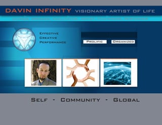 Self - Community - Global
Prolific Organized
Effective
Creative
Performance
davin infinity visionary artist of life
author, speaker, facilitator, artist, film-maker, performer
 