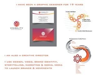 i have been a graphic designer for 19 years 
i am also a creative director 
I use design, video, brand identitiy, 
storytelling, marketing & social media 
to launch brands & movements  