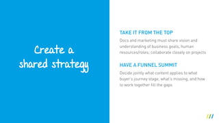 Create a 
shared strategy
Docs and marketing must share vision and
understanding of business goals, human
resources/roles; collaborate closely on projects
HAVE A FUNNEL SUMMIT
Decide jointly what content applies to what
buyer’s journey stage, what’s missing, and how
to work together fill the gaps
TAKE IT FROM THE TOP
 