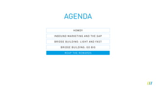 AGENDA
HOWDY
INBOUND MARKETING AND THE GAP
BRIDGE BUILDING: LIGHT AND FAST
BRIDGE BUILDING: GO BIG
REAP THE REWARDS
 