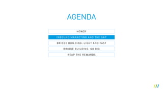 AGENDA
HOWDY
BRIDGE BUILDING: LIGHT AND FAST
BRIDGE BUILDING: GO BIG
REAP THE REWARDS
INBOUND MARKETING AND THE GAP
 