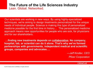 The Future of the Life Sciences Industry Lean. Global. Networked. Our scientists are working in new ways. By using highly-specialized techniques, we're aiming to design treatments personalized for the unique needs of individual people. Science is making this type of personalized medicine possible for the first time in history…  This personalized medicine approach means new opportunities for people who are sick, for physicians and for our shareholders. … finding new treatments depends on  collaboration . No company, hospital, lab, or scientist can do it alone. That's why we've formed partnerships with governments, independent medical and scientific groups, companies and advocates….  — Jeff Kindler, CEO  Pfizer Corporation  