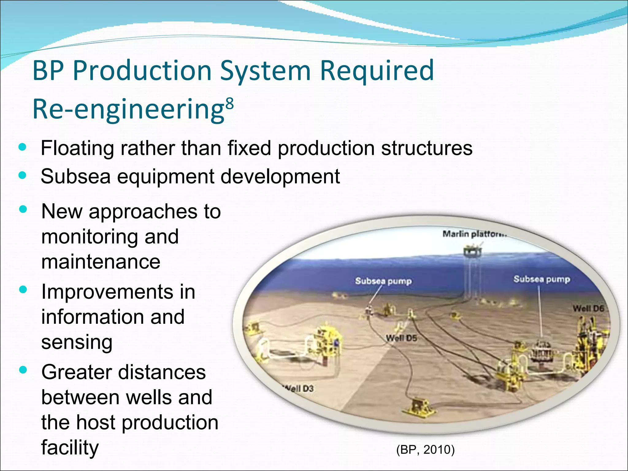 BP Production System Required  Re-engineering 8 Floating rather than fixed production structures Subsea equipment development (BP, 2010) New approaches to monitoring and maintenance Improvements in information and sensing Greater distances between wells and the host production facility 