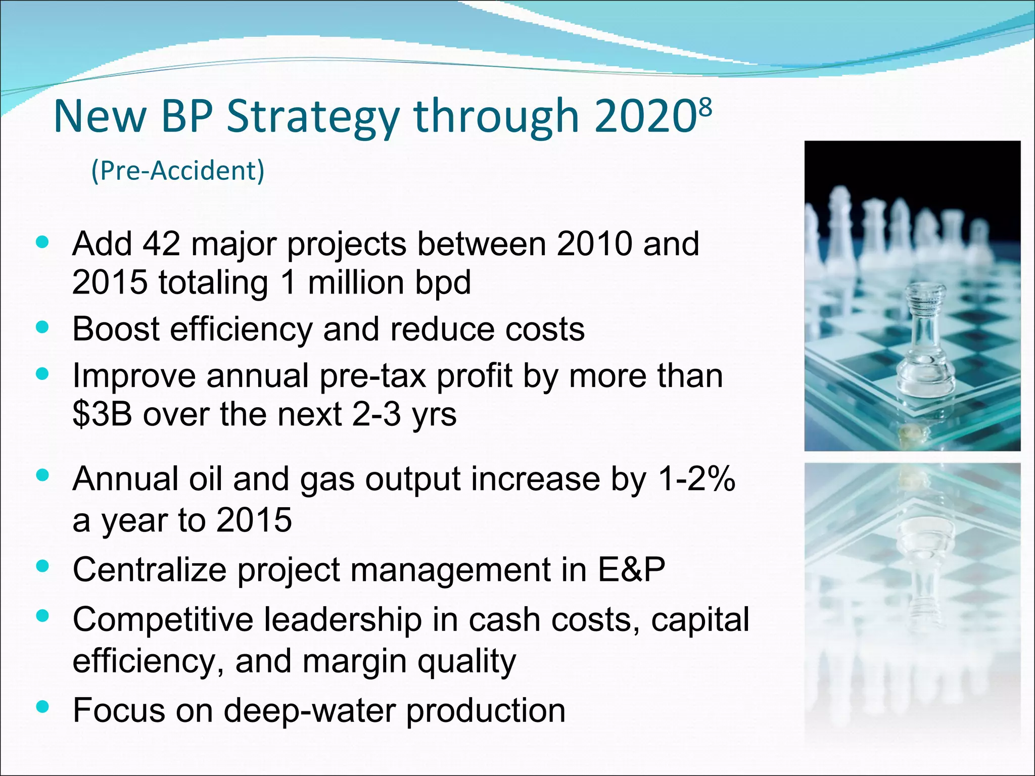 New BP Strategy through 2020 8 (Pre-Accident)   Add 42 major projects between 2010 and 2015 totaling 1 million bpd Boost efficiency and reduce costs Improve annual pre-tax profit by more than $3B over the next 2-3 yrs Annual oil and gas output increase by 1-2% a year to 2015 Centralize project management in E&P Competitive leadership in cash costs, capital efficiency, and margin quality Focus on deep-water production 