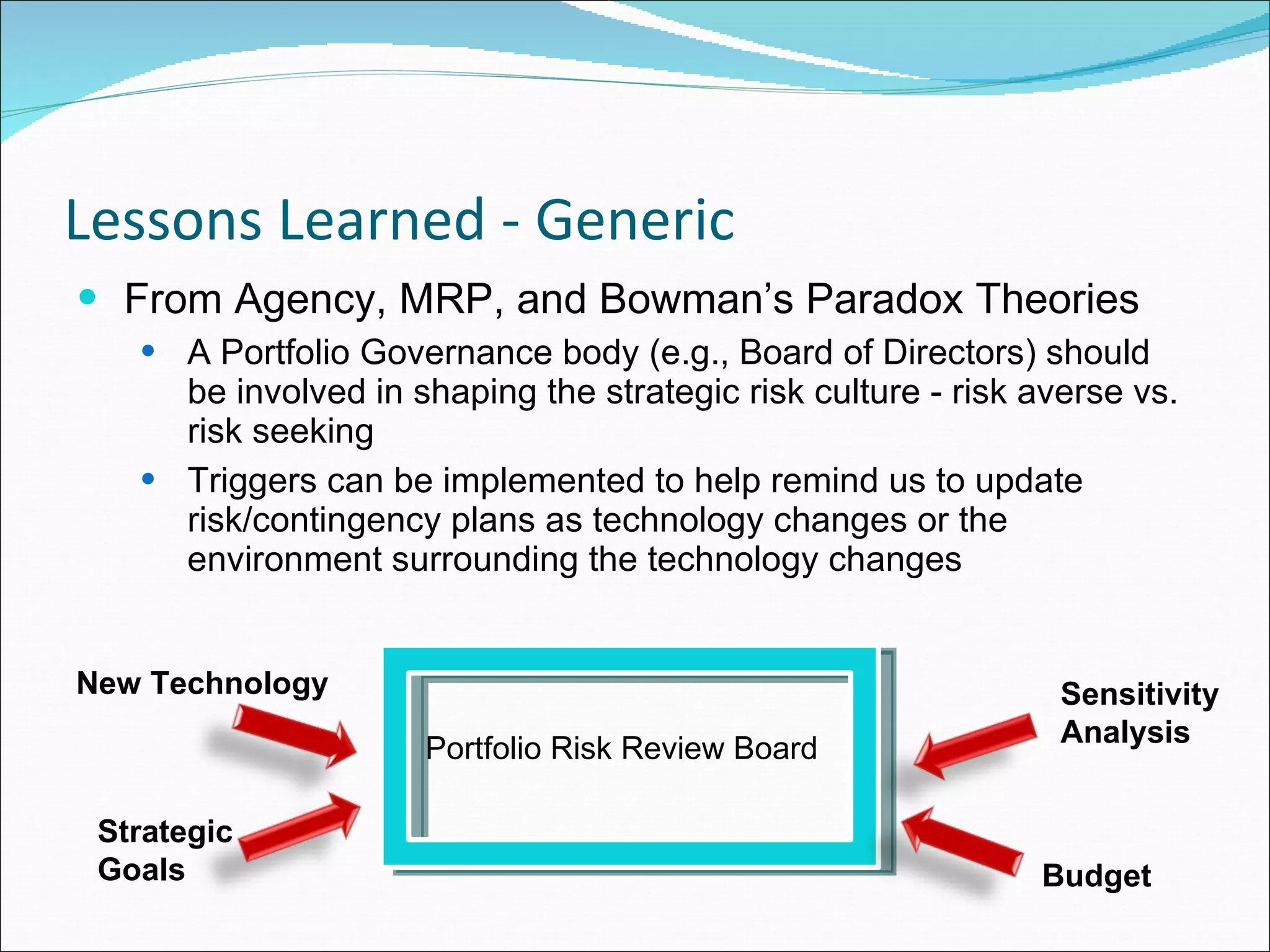 Lessons Learned - Generic From Agency, MRP, and Bowman’s Paradox Theories A Portfolio Governance body (e.g., Board of Directors) should be involved in shaping the strategic risk culture - risk averse vs. risk seeking Triggers can be implemented to help remind us to update risk/contingency plans as technology changes or the environment surrounding the technology changes Portfolio Risk Review Board Sensitivity  Analysis New Technology Budget   Strategic Goals 