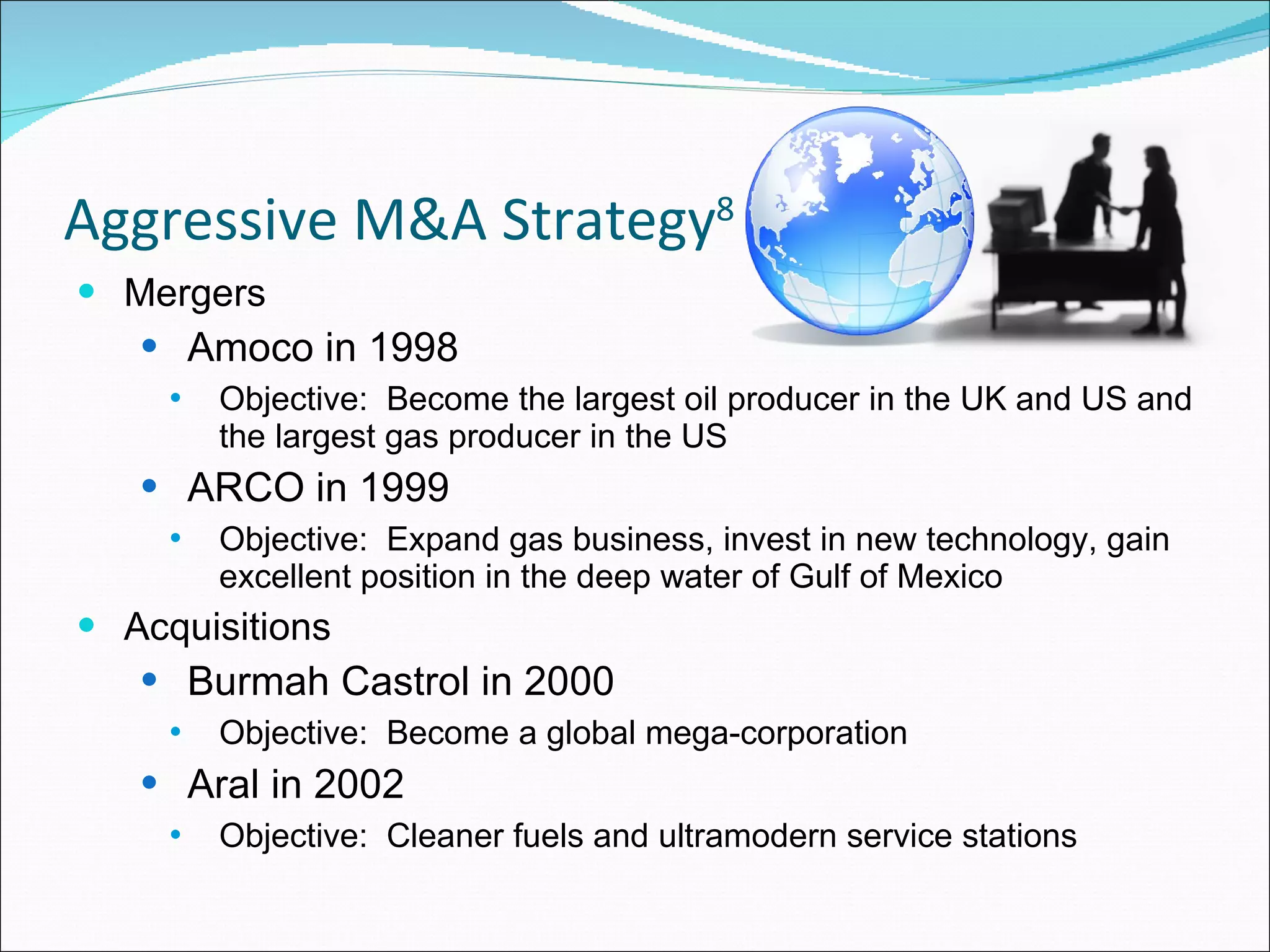 Aggressive M&A Strategy 8 Mergers  Amoco in 1998 Objective:  Become the largest oil producer in the UK and US and the largest gas producer in the US ARCO in 1999 Objective:  Expand gas business, invest in new technology, gain excellent position in the deep water of Gulf of Mexico Acquisitions Burmah Castrol in 2000 Objective:  Become a global mega-corporation Aral in 2002 Objective:  Cleaner fuels and ultramodern service stations 