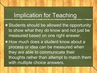 Implication for Teaching
Students should be allowed the opportunity
to show what they do know and not just be
measured based on one right answer.
How much does a student know about a
process or idea can be measured when
they are able to communicate their
thoughts rather than attempt to match them
with multiple choice answers.
 