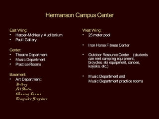 Hermanson Campus Center

East Wing:                       West Wing:
• Harper-McNeely Auditorium      • 25 meter pool
• Paull Gallery
                                 •   Iron Horse Fitness Center
Center:
• Theatre Department             •   Outdoor Resource Center (students
• Music Department                   can rent camping equipment,
• Practice Rooms                     bicycles, ski equipment, canoes,
                                     kayaks, etc.)

Basement:                        •   Music Department and
• Art Department:
                                     Music Department practice rooms
   Po tte ry
   A Studio ,
    rt
   We aving Lo o ms
   Co mpute r Graphics
 
