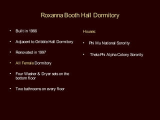 Roxanna Booth Hall Dormitory

•   Built in 1966                        Houses:

•   Adjacent to Gribble Hall Dormitory   •   Phi Mu National Sorority

•   Renovated in 1997
                                         •   Theta Phi Alpha Colony Sorority

•   All Female Dormitory

•   Four Washer & Dryer sets on the
    bottom floor

•   Two bathrooms on every floor
 