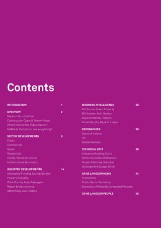 Contents
INTRODUCTION	 1                             BUSINESS INTELLIGENCE	                    20
		                                          Pat Gunne, Green Property
OVERVIEW	     2
                                            Bill Nowlan, W.K. Nowlan
Medium Term Outlook
                                            Maurice Mortell, Telecity
Construction Costs & Tender Prices
                                            Donal Murphy, Bank of Ireland
Where now for the Public Sector?
NAMA: Is the bottom line everything?        GEOGRAPHIES	                              26
                                            Island of Ireland
SECTOR DEVELOPMENTS	                   8	
                                            UK
Public
                                            Global Markets
Commercial
Retail                                      TECHNICAL DATA	                           38
Residential                                 Indicative Building Costs
Hotels, Sports & Culture                    Performance Bond Checklist
Infrastructure & Industry                   Project Planning Checklist
                                            Development Budget Driver
INDUSTRY DEVELOPMENTS	                 14
Alternative Funding Sources for the         DAVIS LANGDON NEWS	                       44
Property Industry                           Promotions
Work Outs by Asset Managers                 Public Sector Workshop
Repair & Maintenance                        Examples of Recently Completed Projects
Abnormally Low Tenders
                                            DAVIS LANGDON PEOPLE	                     46
 