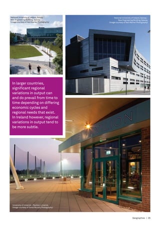 National University of Ireland, Galway -             National University of Ireland, Galway -
New Engineering Building, Galway.                         New Engineering Building, Galway.
(image courtesy of Neil Warner Photography)     (image courtesy of Neil Warner Photography)




 In larger countries,
 significant regional
 variations in output can
 and do prevail from time to
 time depending on differing
 economic cycles and
 regional needs that exist.
 In Ireland however, regional
 variations in output tend to
 be more subtle.




 University of Limerick - Pavilion, Limerick.
 (image courtesy of Donal Murphy Photography)




                                                                           Geographies | 29
 