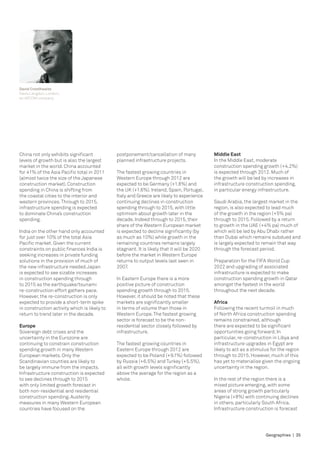 David Crosthwaite
Davis Langdon, London,
an AECOM company.




China not only exhibits significant           postponement/cancellation of many             Middle East
levels of growth but is also the largest      planned infrastructure projects.              In the Middle East, moderate
market in the world. China accounted                                                        construction spending growth (+4.2%)
for 41% of the Asia Pacific total in 2011     The fastest growing countries in              is expected through 2012. Much of
(almost twice the size of the Japanese        Western Europe through 2012 are               the growth will be led by increases in
construction market). Construction            expected to be Germany (+1.8%) and            infrastructure construction spending,
spending in China is shifting from            the UK (+1.6%). Ireland, Spain, Portugal,     in particular energy infrastructure.
the coastal cities to the interior and        Italy and Greece are likely to experience
western provinces. Through to 2015,           continuing declines in construction           Saudi Arabia, the largest market in the
infrastructure spending is expected           spending through to 2015, with little         region, is also expected to lead much
to dominate China’s construction              optimism about growth later in the            of the growth in the region (+5% pa)
spending.                                     decade. Indeed through to 2015, their         through to 2015. Followed by a return
                                              share of the Western European market          to growth in the UAE (+4% pa) much of
India on the other hand only accounted        is expected to decline significantly (by      which will be led by Abu Dhabi rather
for just over 10% of the total Asia           as much as 10%) while growth in the           than Dubai which remains subdued and
Pacific market. Given the current             remaining countries remains largely           is largely expected to remain that way
constraints on public finances India is       stagnant. It is likely that it will be 2020   through the forecast period.
seeking increases in private funding          before the market in Western Europe
solutions in the provision of much of         returns to output levels last seen in         Preparation for the FIFA World Cup
the new infrastructure needed.Japan           2007.                                         2022 and upgrading of associated
is expected to see sizable increases                                                        infrastructure is expected to make
in construction spending through              In Eastern Europe there is a more             construction spending growth in Qatar
to 2015 as the earthquake/tsunami             positive picture of construction              amongst the fastest in the world
re-construction effort gathers pace.          spending growth through to 2015.              throughout the next decade.
However, the re-construction is only          However, it should be noted that these
expected to provide a short-term spike        markets are significantly smaller             Africa
in construction activity which is likely to   in terms of volume than those in              Following the recent turmoil in much
return to trend later in the decade.          Western Europe. The fastest growing           of North Africa construction spending
                                              sector is forecast to be the non-             remains constrained, although
Europe                                        residential sector closely followed by        there are expected to be significant
Sovereign debt crises and the                 infrastructure.                               opportunities going forward. In
uncertainty in the Eurozone are                                                             particular, re-construction in Libya and
continuing to constrain construction          The fastest growing countries in              infrastructure upgrades in Egypt are
spending growth in many Western               Eastern Europe through 2012 are               likely to act as a stimulus for the region
European markets. Only the                    expected to be Poland (+9.1%) followed        through to 2015. However, much of this
Scandinavian counties are likely to           by Russia (+6.5%) and Turkey (+5.5%),         has yet to materialise given the ongoing
be largely immune from the impacts.           all with growth levels significantly          uncertainty in the region.
Infrastructure construction is expected       above the average for the region as a
to see declines through to 2015               whole.                                        In the rest of the region there is a
with only limited growth forecast in                                                        mixed picture emerging, with some
both non-residential and residential                                                        areas of strong growth particularly
construction spending. Austerity                                                            Nigeria (+8%) with continuing declines
measures in many Western European                                                           in others, particularly South Africa.
countries have focused on the                                                               Infrastructure construction is forecast




                                                                                                                     Geographies | 35
 