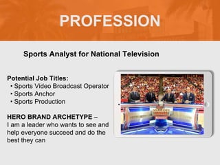 PROFESSION
Potential Job Titles:
• Sports Video Broadcast Operator
• Sports Anchor
• Sports Production
HERO BRAND ARCHETYPE –
I am a leader who wants to see and
help everyone succeed and do the
best they can
Sports Analyst for National Television
Picture Relevant
to Your Industry
Goes Here
 