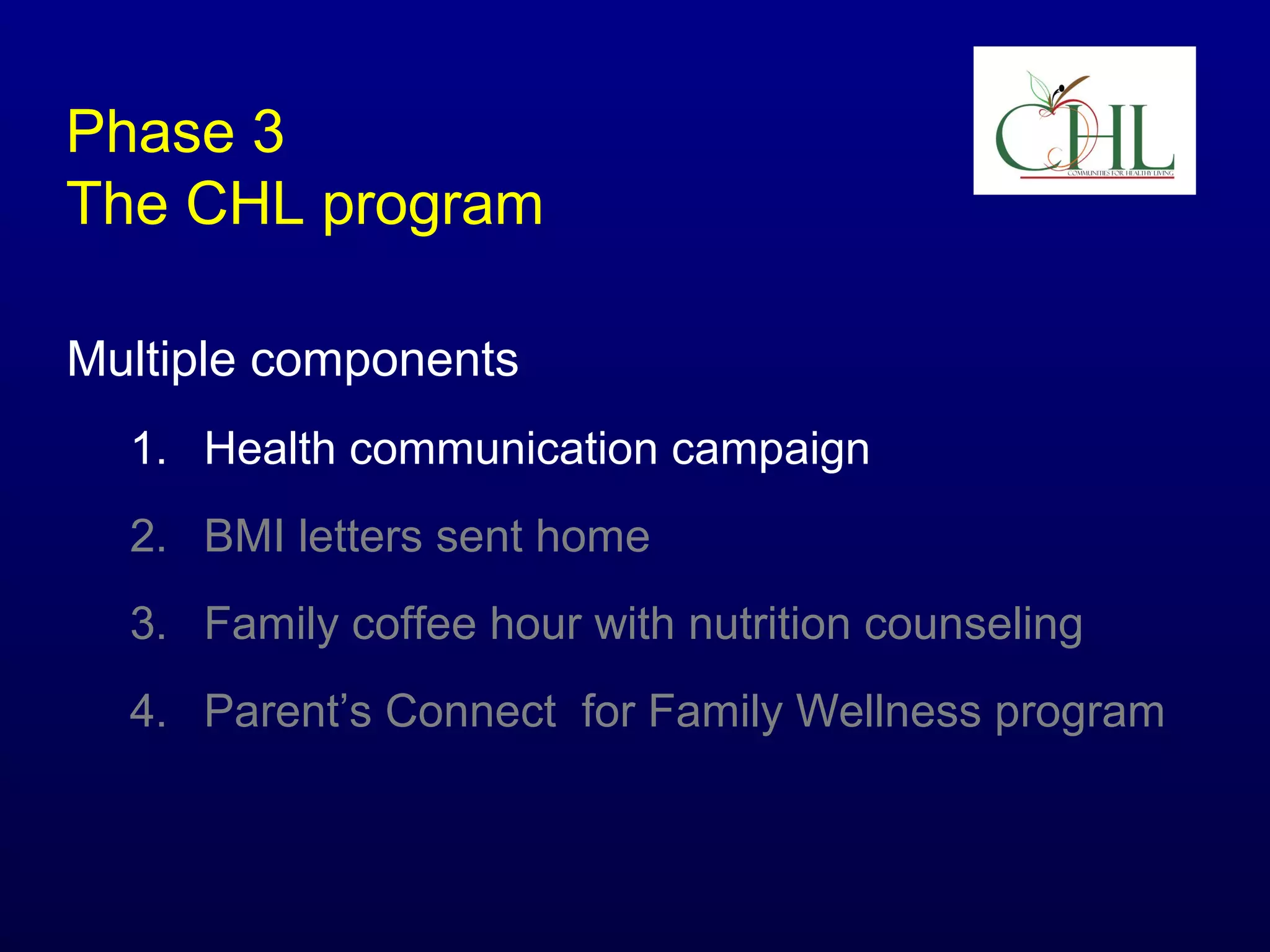 Phase 3
The CHL program
Multiple components
1. Health communication campaign
2. BMI letters sent home
3. Family coffee hour with nutrition counseling
4. Parent’s Connect for Family Wellness program

 