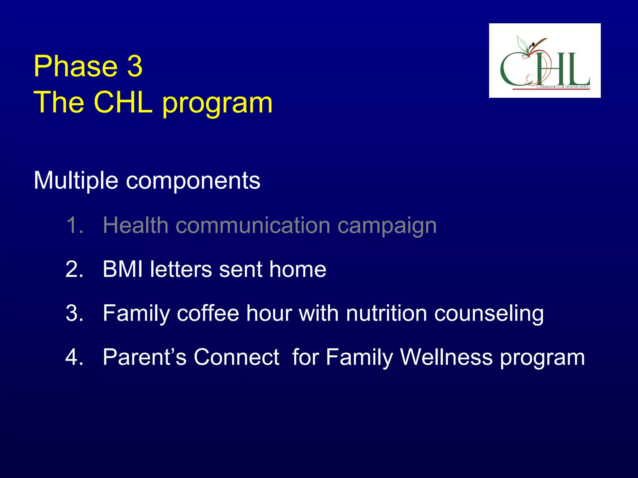 Phase 3
The CHL program
Multiple components
1. Health communication campaign
2. BMI letters sent home
3. Family coffee hour with nutrition counseling
4. Parent’s Connect for Family Wellness program

 