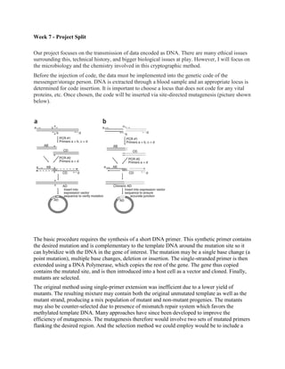 Week 7 - Project Split

Our project focuses on the transmission of data encoded as DNA. There are many ethical issues
surrounding this, technical history, and bigger biological issues at play. However, I will focus on
the microbiology and the chemistry involved in this cryptographic method.
Before the injection of code, the data must be implemented into the genetic code of the
messenger/storage person. DNA is extracted through a blood sample and an appropriate locus is
determined for code insertion. It is important to choose a locus that does not code for any vital
proteins, etc. Once chosen, the code will be inserted via site-directed mutagenesis (picture shown
below).




The basic procedure requires the synthesis of a short DNA primer. This synthetic primer contains
the desired mutation and is complementary to the template DNA around the mutation site so it
can hybridize with the DNA in the gene of interest. The mutation may be a single base change (a
point mutation), multiple base changes, deletion or insertion. The single-stranded primer is then
extended using a DNA Polymerase, which copies the rest of the gene. The gene thus copied
contains the mutated site, and is then introduced into a host cell as a vector and cloned. Finally,
mutants are selected.
The original method using single-primer extension was inefficient due to a lower yield of
mutants. The resulting mixture may contain both the original unmutated template as well as the
mutant strand, producing a mix population of mutant and non-mutant progenies. The mutants
may also be counter-selected due to presence of mismatch repair system which favors the
methylated template DNA. Many approaches have since been developed to improve the
efficiency of mutagenesis. The mutagenesis therefore would involve two sets of mutated primers
flanking the desired region. And the selection method we could employ would be to include a
 