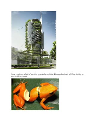 Some people are afraid of anything genetically modified. Plants and animals will fuse, leading to
undesirable creations.
 