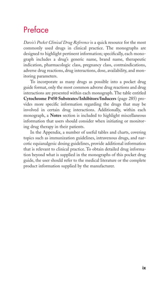 Preface 
Davis’s Pocket Clinical Drug Reference is a quick resource for the most 
commonly used drugs in clinical practice. The monographs are 
designed to highlight pertinent information; specifically, each mono-graph 
includes a drug’s generic name, brand name, therapeutic 
indication, pharmacologic class, pregnancy class, contraindications, 
adverse drug reactions, drug interactions, dose, availability, and mon-itoring 
parameters. 
To incorporate as many drugs as possible into a pocket drug 
guide format, only the most common adverse drug reactions and drug 
interactions are presented within each monograph. The table entitled 
Cytochrome P450 Substrates/Inhibitors/Inducers (page 285) pro-vides 
more specific information regarding the drugs that may be 
involved in certain drug interactions. Additionally, within each 
monograph, a Notes section is included to highlight miscellaneous 
information that users should consider when initiating or monitor-ing 
drug therapy in their patients. 
In the Appendix, a number of useful tables and charts, covering 
topics such as immunization guidelines, intravenous drugs, and nar-cotic 
equianalgesic dosing guidelines, provide additional information 
that is relevant to clinical practice. To obtain detailed drug informa-tion 
beyond what is supplied in the monographs of this pocket drug 
guide, the user should refer to the medical literature or the complete 
product information supplied by the manufacturer. 
ix 
 