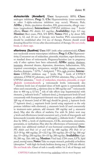 dutasteride (Avodart) Uses: Symptomatic BPH; Class: 
androgen inhibitors; Preg: X; CIs: Hypersensitivity (cross-sensitivity 
to other 5-alpha-reductase inhibitors may occur); Women; Peds; 
ADRs: libido, ejaculation disorders, ED, gynecomastia, allergic reac-tions 
(angioedema); Interactions: CYP3A4 inhibitors may levels/ 
effects; Dose: PO: Adults: 0.5 mg/day; Availability: Caps: 0.5 mg; 
Monitor: Rect exam, PSA, S/S BPH; Notes: PSA by about 50% 
after 6, 12, and 24 mo of therapy; new baseline PSA concentrations 
should be established after 3–6 mo of therapy. Patients should avoid 
donating blood for ≥ 6 mo after discontinuation of therapy. Do not crush, 
break, or chew caps. 
efavirenz (Sustiva) Uses: HIV (with other antiretrovirals); Class: 
non-nucleoside reverse transcriptase inhibitors; Preg: D; CIs: Hypersensi-tivity; 
Concurrent use of midazolam, pimozide, triazolam, ergot derivatives, 
or standard doses of voriconazole; Pregnancy/lactation (use in pregnancy 
only if other options have been exhausted); ADRs: anxiety, dizziness, 
insomnia, abnormal dreams, depression, drowsiness, hallucinations, HA, 
impaired concentration, nervousness, suicidal thoughts, nausea, anorexia, 
diarrhea, dyspepsia, → 
LFTs, → 
cholesterol, → 
TGs, rash, pruritus; Interac-tions: 
CYP3A4 inhibitors may levels; May levels of CYP2C9 
substrates, CYP2C19 substrates, and CYP3A4 substrates; May levels of 
CYP3A4 substrates; levels of midazolam, triazolam, pimozide, or ergot 
alkaloids (contraindicated); voriconazole levels; voriconazole also 
efavirenz levels (use of standard doses of both agents is contraindicated; 
when used concurrently, efavirenz dose to 300 mg/day and voriconazole 
dose to 400 mg q 12 hr); risk of side effects (esp. hepatotoxicity) with 
ritonavir; indinavir levels ( indinavir dose); fosamprenavir levels (if used 
concurrently with fosamprenavir/ritonavir once daily regimen, an additional 
100 mg of ritonavir [total of 300 mg] should be given); lopinavir levels 
( lopinavir dose); saquinavir levels (avoid using saquinavir as the only 
protease inhibitor with efavirenz); atazanavir levels (if used concurrently 
in treatment-naive patients, add ritonavir 100 mg/day and atazanavir 
dose); May alter the effects of warfarin; Use with St. John’s wort may 
levels and effectiveness (avoid concurrent use); levels of itraconazole and 
ketoconazole (consider alternative antifungals); rifabutin levels ( rifabutin 
dose by 50%); → 
levels of clarithromycin, CCBs, atorvastatin, simvastatin, 
pravastatin, or methadone; May alter the effectiveness of hormonal contra-ceptives 
(use additional method of non-hormonal contraception); Dose: 
PO: Adults and Peds: ≥3 yr and ≥40 kg: 600 mg/day. PO: Peds: ≥3 yr 
32.5–39 kg: 400 mg/day; 25–32.5 kg: 350 mg/day; 20–25 kg: 300 mg/ 
day; 15–20 kg: 250 mg/day; 10–15 kg: 200 mg/day; Availability: Caps: 
50, 200 mg. Tabs: 600 mg; Monitor: Viral load, CD4 count, LFTs, lipid 
panel, mental status;Notes:Take on empty stomach, preferably at bedtime 
(absorption → 
with high-fat foods; bedtime dosing may → 
CNS side effects). 
Do not break tabs. Onset of rash is usually within 1st 2 wk of therapy and → 
→→ 
→ 
→ 
→ 
→ 
→ 
→ 
→ 
→ 
→ 
→ 
→ 
→ 
→ 
→ 
→ 
→ 
→ 
→ 
→ 
→ 
→ 
efavirenz 91 
E 
CAPITALS indicates life-threatening; underlines indicate most frequent 
 