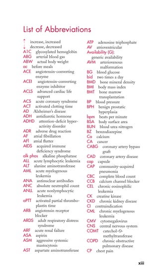 xiii 
List of Abbreviations 
increase, increased 
decrease, decreased 
→ 
A1C glycosylated hemoglobin 
ABG arterial blood gas 
ABW actual body weight 
ac before meals 
ACE angiotensin-converting 
enzyme 
ACEI angiotensin-converting 
enzyme inhibitor 
ACLS advanced cardiac life 
support 
ACS acute coronary syndrome 
ACT activated clotting time 
AD Alzheimer’s disease 
ADH antidiuretic hormone 
ADHD attention-deficit hyper-activity 
disorder 
ADR adverse drug reaction 
AF atrial fibrillation 
AFl atrial flutter 
AIDS acquired immune 
deficiency syndrome 
alk phos alkaline phosphatase 
ALL acute lymphocytic leukemia 
ALT alanine aminotransferase 
AML acute myelogenous 
leukemia 
ANA antinuclear antibodies 
ANC absolute neutrophil count 
ANLL acute nonlymphocytic 
leukemia 
aPTT activated partial thrombo-plastin 
time 
ARB angiotensin receptor 
blocker 
ARDS adult respiratory distress 
syndrome 
ARF acute renal failure 
ASA aspirin 
ASM aggressive systemic 
mastocytosis 
AST aspartate aminotransferase 
ATP adenosine triphosphate 
AV atrioventricular 
Availability (G): 
generic availability 
AVM arteriovenous 
malformation 
BG blood glucose 
bid two times a day 
BMD bone mineral density 
BMI body mass index 
BMT bone marrow 
transplantation 
BP blood pressure 
BPH benign prostatic 
hyperplasia 
bpm beats per minute 
BSA body surface area 
BUN blood urea nitrogen 
BZ benzodiazepine 
Ca calcium 
CA cancer 
CABG coronary artery bypass 
graft 
CAD coronary artery disease 
cap capsule 
CAP community-acquired 
pneumonia 
CBC complete blood count 
CCB calcium channel blocker 
CEL chronic eosinophilic 
leukemia 
CK creatine kinase 
CKD chronic kidney disease 
CI contraindication 
CML chronic myelogenous 
leukemia 
CMV cytomegalovirus 
CNS central nervous system 
COMT catechol-O-methyltransferase 
COPD chronic obstructive 
pulmonary disease 
CP chest pain 
→ 
 