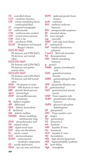 CR controlled-release 
CrCl creatinine clearance 
CSF colony-stimulating factor; 
cerebrospinal fluid 
CT computed tomography 
CV cardiovascular 
CVA cerebrovascular accident 
CVP central venous pressure 
CXR chest x-ray 
CYP cytochrome P450 
D5/LR 5% dextrose and lactated 
Ringer’s solution 
D5/0.9% NaCl 
5% dextrose and 0.9% NaCl; 
5% dextrose and normal 
saline 
D5/0.25% NaCl 
5% dextrose and 0.25% NaCl; 
5% dextrose and quarter 
normal saline 
D5/0.45% NaCl 
5% dextrose and 0.45% NaCl; 
5% dextrose and half normal 
saline 
D5W 5% dextrose in water 
D10W 10% dextrose in water 
DBP diastolic blood pressure 
derm dermatologic 
DFSP dermatofibrosarcoma 
protuberans 
DI diabetes insipidus 
diff differential 
DKA diabetic ketoacidosis 
dl deciliter(s) 
DM diabetes mellitus 
DMARD disease-modifying 
antirheumatic drug 
DNA deoxyribonucleic acid 
DR delayed-release 
DRE digital rectal exam 
DVT deep vein thrombosis 
EC enteric-coated 
ECG electrocardiogram 
ECMO extracorporeal 
membrane oxygenation 
ED erectile dysfunction 
EENT eye, ear, nose, and throat 
EGFR epidermal growth factor 
receptor 
endo endocrine 
ENL erythema nodosum 
leprosum 
EPS extrapyramidal symptoms 
ER extended-release 
ES extra-strength 
esp. especially 
ESRD end-stage renal disease 
ET endotracheal 
FAP familial adenomatous 
polyposis 
F and E fluid and electrolyte 
FQ fluoroquinolone 
FSH follicle-stimulating 
hormone 
g gram(s) 
GABA gamma-aminobutyric 
acid 
GAD generalized anxiety 
disorder 
GERD gastroesophageal reflux 
disease 
GFR glomerular filtration rate 
GI gastrointestinal 
GIST gastrointestinal stromal 
tumors 
GNR Gram-negative rods 
GnRH gonadotropin releasing 
hormone 
G6PD glucose-6-phosphate 
dehydrogenase 
GP glycoprotein 
GPC Gram-positive cocci 
gtt drop(s) 
GU genitourinary 
H2 histamine-2 
HA headache 
HBV hepatitis B virus 
Hct hematocrit 
HCV hepatitis C virus 
HD hemodialysis 
HDL high-density lipoprotein 
HES hypereosinophilic syndrome 
HF heart failure 
Hgb hemoglobin 
xiv 
 