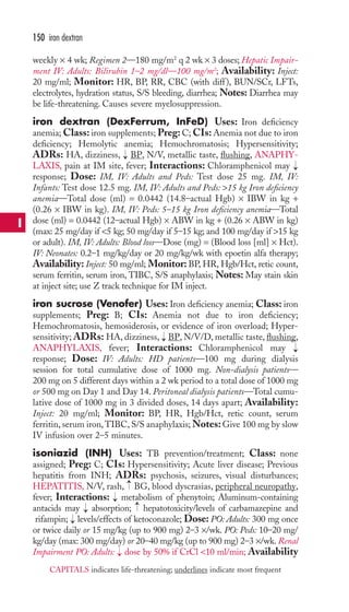 weekly × 4 wk; Regimen 2—180 mg/m2 q 2 wk × 3 doses; Hepatic Impair-ment 
IV: Adults: Bilirubin 1–2 mg/dl—100 mg/m2; Availability: Inject: 
20 mg/ml; Monitor: HR, BP, RR, CBC (with diff ), BUN/SCr, LFTs, 
electrolytes, hydration status, S/S bleeding, diarrhea; Notes: Diarrhea may 
be life-threatening. Causes severe myelosuppression. 
iron dextran (DexFerrum, InFeD) Uses: Iron deficiency 
anemia;Class: iron supplements; Preg: C; CIs: Anemia not due to iron 
deficiency; Hemolytic anemia; Hemochromatosis; Hypersensitivity; 
ADRs: HA, dizziness, BP, N/V, metallic taste, flushing, ANAPHY-LAXIS, 
pain at IM site, fever; Interactions: Chloramphenicol may 
response; Dose: IM, IV: Adults and Peds: Test dose 25 mg. IM, IV: 
Infants: Test dose 12.5 mg. IM, IV: Adults and Peds: 15 kg Iron deficiency 
anemia—Total dose (ml) = 0.0442 (14.8–actual Hgb) × IBW in kg + 
(0.26 × IBW in kg). IM, IV: Peds: 5–15 kg Iron deficiency anemia—Total 
dose (ml) = 0.0442 (12–actual Hgb) × ABW in kg + (0.26 × ABW in kg) 
(max: 25 mg/day if 5 kg; 50 mg/day if 5–15 kg; and 100 mg/day if 15 kg 
or adult). IM, IV: Adults: Blood loss—Dose (mg) = (Blood loss [ml] × Hct). 
IV: Neonates: 0.2–1 mg/kg/day or 20 mg/kg/wk with epoetin alfa therapy; 
Availability: Inject: 50 mg/ml; Monitor: BP, HR, Hgb/Hct, retic count, 
serum ferritin, serum iron, TIBC, S/S anaphylaxis; Notes: May stain skin 
at inject site; use Z track technique for IM inject. 
iron sucrose (Venofer) Uses: Iron deficiency anemia; Class: iron 
supplements; Preg: B; CIs: Anemia not due to iron deficiency; 
Hemochromatosis, hemosiderosis, or evidence of iron overload; Hyper-sensitivity; 
ADRs: HA, dizziness, BP, N/V/D, metallic taste, flushing, 
ANAPHYLAXIS, fever; Interactions: Chloramphenicol may 
response; Dose: IV: Adults: HD patients—100 mg during dialysis 
session for total cumulative dose of 1000 mg. Non-dialysis patients— 
200 mg on 5 different days within a 2 wk period to a total dose of 1000 mg 
or 500 mg on Day 1 and Day 14. Peritoneal dialysis patients—Total cumu-lative 
dose of 1000 mg in 3 divided doses, 14 days apart; Availability: 
Inject: 20 mg/ml; Monitor: BP, HR, Hgb/Hct, retic count, serum 
ferritin, serum iron,TIBC, S/S anaphylaxis;Notes: Give 100 mg by slow 
IV infusion over 2–5 minutes. 
isoniazid (INH) Uses: TB prevention/treatment; Class: none 
assigned; Preg: C; CIs: Hypersensitivity; Acute liver disease; Previous 
hepatitis from INH; ADRs: psychosis, seizures, visual disturbances; 
HEPATITIS, N/V, rash, → 
BG, blood dyscrasias, peripheral neuropathy, 
fever; Interactions: → 
metabolism of phenytoin; Aluminum-containing 
antacids may → 
absorption; → 
hepatotoxicity/levels of carbamazepine and 
rifampin; → 
levels/effects of ketoconazole; Dose: PO: Adults: 300 mg once 
or twice daily or 15 mg/kg (up to 900 mg) 2–3 ×/wk. PO: Peds: 10–20 mg/ 
kg/day (max: 300 mg/day) or 20–40 mg/kg (up to 900 mg) 2–3 ×/wk. Renal 
Impairment PO: Adults: → 
dose by 50% if CrCl 10 ml/min; Availability 
→ 
→ 
→ 
→ 
150 iron dextran 
I 
CAPITALS indicates life-threatening; underlines indicate most frequent 
 