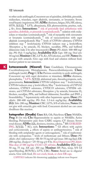 152 ketoconazole 
to other azole antifungals; Concurrent use of quinidine, dofetilide, pimozide, 
midazolam, triazolam, ergot alkaloids, simvastatin, or lovastatin; Severe 
renal/hepatic impairment; HF; ADRs: dizziness, fatigue, HA,HF, edema, 
HTN, N/V/D, LFTs, albuminuria, ED, photosensitivity, pruritus, rash, 
K+, fever; Interactions: risk of potentially fatal arrhythmias with 
quinidine, dofetilide, or pimozide (contraindicated); sedation with mida-zolam 
→ 
→ 
→ 
→ 
or triazolam (contraindicated); risk of myopathy with simvastatin 
→→ 
→ 
or lovastatin (contraindicated); risk of vasoconstriction with ergot 
alkaloids (contraindicated); May levels of CYP3A4 substrates; CYP3A4 
inhibitors may → 
levels/toxicity; CYP3A4 inducers may → 
levels/effects; 
Absorption → 
by antacids, H2 blockers, sucralfate, PPIs, and buffered 
didanosine (take 2 hr after itraconazole); Dose: PO: Adults: 100–400 mg/ 
day. PO: Peds: 5 mg/kg/day; Availability (G): Caps: 100 mg. Oral soln: 
10 mg/ml; Monitor:CBC, LFTs,K+, S/S infection, and HF;Notes:Do 
not give with antacids. Give caps with food and solution without food. 
Instruct patient to use sunscreen. 
ketoconazole (Nizoral) Uses: Candidiasis; Chromomycosis; 
Coccidioidomycosis; Histoplasmosis; Paracoccidioidomycosis; Class: 
antifungals (azole); Preg: C; CIs: Previous sensitivity to azole antifungals; 
Concurrent use with ergot derivatives or triazolam; ADRs: dizziness, 
photophobia, → 
LFTs, N/V/D, abdominal pain, thrombocytopenia, rash, 
gynecomastia; Interactions: CYP3A4 inhibitors may → 
levels/toxicity, 
CYP3A4 inducers may → 
levels/effects; May → 
levels/toxicity of CYP1A2 
substrates, CYP2C9 substrates, CYP2C19 substrates, CYP2D6 sub-strates, 
and CYP3A4 substrates; Absorption → 
by antacids, histamine H2 
blockers, sucralfate, PPIs, and buffered didanosine; Sucralfate and INH 
bioavailability; → 
hepatotoxicity with other hepatotoxic agents; Dose: PO: 
Adults: 200–400 mg/day. PO: Peds: 3.3–6.6 mg/kg/day; Availability 
(G): Tabs: 200 mg; Monitor: CBC, LFTs, S/S of infection;Notes: Do 
not give with antacids; give with food. Concurrent alcohol use can cause 
disulfiram-like reaction. 
ketoprofen (Orudis) Uses: RA; OA; Pain/fever; Class: NSAIDs; 
Preg: B (1st tri); CIs: Hypersensitivity to aspirin or NSAIDs; Active 
bleeding; Perioperative pain from CABG surgery; CV disease; Severe 
renal disease; ADRs: HA, dizziness, tinnitus, edema, BP, GI BLEED-ING, 
→ 
→ 
→ 
→ 
N/V/D, SCr, rash; Interactions: GI effects with aspirin 
→ 
and corticosteroids; → 
effects of aspirin or antihypertensives; risk of 
bleeding with antiplatelet agents or anticoagulants; risk of nephrotoxi-city 
→ 
→ 
with cyclosporine; levels of methotrexate and lithium; Dose: PO: 
Adults: Anti-inflammatory—IR: 50–75 mg tid–qid (max: 300 mg/day); ER: 
200 mg/day. Analgesic—25–50 mg q 6–8 hr. Renal Impairment PO: Adults: 
Max dose of 100 mg/day if CrCl 25 ml/min; Availability (G): Caps: 
50 mg, 75 mg. ER caps: 200 mg; Monitor: BP, Pain, temp, S/S GI 
upset/bleeding, BUN/SCr, LFTs, CBC; Notes: Avoid use in oliguria/ 
anuria. Give with food. Do not crush, break, or chew ER caps. 
K 
CAPITALS indicates life-threatening; underlines indicate most frequent 
 
