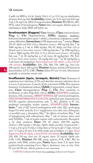 2 puffs via MDI q 4–6 hr. Inhaln: Peds 6–11 yr: 0.31 mg via nebulization 
tid (max: 0.63 mg tid); Availability: Inhaln soln: 0.31 mg/3 ml, 0.63 mg/ 
3 ml, 1.25 mg/3 ml. MDI: 45 mcg/actuation; Monitor: BP,HR, K+, BG, 
PFTs, relief of bronchospasm; Notes: Does not require dilution prior to 
nebulization; shake MDI well before use. 
levetiracetam (Keppra) Uses: Seizures; Class: anticonvulsants; 
Preg: C; CIs: Hypersensitivity; ADRs: dizziness, weakness, 
behavioral abnormalities (peds  adults), somnolence, leukopenia, coordi-nation 
difficulties; Interactions: CNS depressants may toxicity; Dose: 
PO: IV: Adults and Peds: ≥12 yr Myoclonic seizures—500 mg bid, then by 
1000 mg/day q 2 wk to 3000 mg/day. PO, IV: Adults and Peds: ≥16 yr 
Partial-onset or tonic-clonic seizures—500 mg bid, then by 1000 mg/day q 
2 wk to 3000 mg/day. PO: Peds: 4–15 yr Partial-onset seizures—10 mg/kg 
bid; may by 20 mg/kg/day q 2 wk (max: 60 mg/kg/day). PO: Peds: 
6–15 yrs Tonic-clonic seizures—10 mg/kg bid; may by 20 mg/kg/day q 
2 wk (max: 60 mg/kg/day). Renal Impairment PO: Adults: dose if CrCl 
80 ml/min; Availability: Tabs: 250, 500, 750, 1000 mg. Oral soln: 
100 mg/ml. Inject: 100 mg/ml; Monitor: Seizure activity, S/S behavioral 
abnormalities, LFTs, CBC; Notes: Infuse IV over 15 min. Discontinue 
gradually to minimize seizure risk. 
levofloxacin (Iquix, Levaquin, Quixin) Uses: Treatment of 
respiratory tract infections, UTIs, and skin/skin structure infections due to 
S. aureus, S. pneumoniae, E. faecalis, H. flu, and enteric GNRs; Post-exposure 
treatment of inhalational anthrax; Ophth: Conjunctivitis, corneal ulcera-tion; 
Class: fluoroquinolones; Preg: C; CIs: Prior sensitivity to 
levofloxacin or other FQs; Peds 18 yr; ADRs: SEIZURES, confusion, 
dizziness, HA, insomnia, ARRHYTHMIAS, QT interval prolongation, 
PSEUDOMEMBRANOUS COLITIS, abdominal pain, hepatotoxicity, 
N/V/D, vaginitis, photosensitivity, rash, BG, phlebitis at IV site, 
peripheral neuropathy, tendon rupture, ANAPHYLAXIS; Interac-tions: 
risk of QT interval prolongation with other QTC-prolonging 
drugs; Use with antacids, Ca++ supplements, iron salts, zinc, didanosine, 
or sucralfate may absorption; May → 
the effects of warfarin; May → 
risk 
of hypoglycemia with sulfonylureas; May risk of seizures when used 
with NSAIDs; risk of tendon rupture with corticosteroids; Absorption 
by dairy products; Dose: PO, IV: Adults: 250–750 mg/day. 
Anthrax—500 mg/day × 60 days. Ophth: Adults and Peds: Conjunctivitis— 
1–2 gtt q 2 hr up to 8 ×/day × 2 days then q 4 hr up to qid × 5 days. Corneal 
ulcer—1–2 gtt q 30 min–2 hr while awake and at bedtime × 3 days. Renal 
Impairment PO, IV: Adults: → 
dose if CrCl 50 ml/min;Availability:Tabs: 
250, 500, 750 mg. Oral soln: 25 mg/ml. Inject: 25 mg/ml. Ophth soln: 
0.5%, 1.5%; Monitor: BP, HR, temp, sputum, U/A, CBC, BG (in 
patients with DM), tendon pain; Notes: Space doses 2 hr apart from 
products/foods containing Ca++, Mg++, aluminum, iron, or zinc. Give 
IV over 60–90 min. Advise patient to use sunscreen. 
→ 
→ 
→ 
→ 
→ 
→→ 
→ 
→ 
→ 
→ 
→ 
→ 
158 levetiracetam 
L 
CAPITALS indicates life-threatening; underlines indicate most frequent 
 