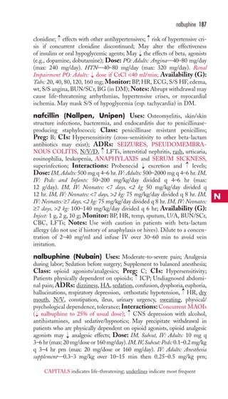 → 
→ 
clonidine; effects with other antihypertensives; risk of hypertensive cri-sis 
if concurrent clonidine discontinued; May alter the effectiveness 
of insulins or oral hypoglycemic agents; May the effects of beta1 agonists 
(e.g., dopamine, dobutamine); Dose: PO: Adults: Angina—40–80 mg/day 
(max: 240 mg/day). HTN—40–80 mg/day (max: 320 mg/day). Renal 
Impairment PO: Adults: dose if CrCl 40 ml/min; Availability (G): 
Tabs: 20, 40, 80, 120, 160 mg; Monitor: BP,HR, ECG, S/S HF, edema, 
wt, S/S angina, BUN/SCr, BG (in DM);Notes: Abrupt withdrawal may 
cause life-threatening arrhythmias, hypertensive crises, or myocardial 
ischemia. May mask S/S of hypoglycemia (esp. tachycardia) in DM. 
nafcillin (Nallpen, Unipen) Uses: Osteomyelitis, skin/skin 
structure infections, bacteremia, and endocarditis due to penicillinase-producing 
staphylococci; Class: penicillinase resistant penicillins; 
Preg: B; CIs: Hypersensitivity (cross-sensitivity to other beta-lactam 
antibiotics may exist); ADRs: SEIZURES, PSEUDOMEMBRA-NOUS 
COLITIS, N/V/D, LFTs, interstitial nephritis, rash, urticaria, 
eosinophilia, leukopenia, ANAPHYLAXIS and SERUM SICKNESS, 
superinfection; Interactions: Probenecid excretion and levels; 
Dose: IM, Adults: 500 mg q 4–6 hr. IV: Adults: 500–2000 mg q 4–6 hr. IM, 
IV: Peds: and Infants: 50–200 mg/kg/day divided q 4–6 hr (max: 
12 g/day). IM, IV: Neonates: 7 days, 2 kg 50 mg/kg/day divided q 
12 hr. IM, IV: Neonates: 7 days, 2 kg: 75 mg/kg/day divided q 8 hr. IM, 
IV:Neonates: ≥7 days, 2 kg: 75 mg/kg/day divided q 8 hr. IM, IV:Neonates: 
≥7 days, 2 kg: 100–140 mg/kg/day divided q 6 hr; Availability (G): 
Inject: 1 g, 2 g, 10 g; Monitor: BP, HR, temp, sputum, U/A, BUN/SCr, 
CBC, LFTs; Notes: Use with caution in patients with beta-lactam 
allergy (do not use if history of anaphylaxis or hives). Dilute to a concen-tration 
of 2–40 mg/ml and infuse IV over 30–60 min to avoid vein 
irritation. 
nalbuphine (Nubain) Uses: Moderate-to-severe pain; Analgesia 
during labor; Sedation before surgery; Supplement to balanced anesthesia; 
Class: opioid agonists/analgesics; Preg: C; CIs: Hypersensitivity; 
Patients physically dependent on opioids; ICP; Undiagnosed abdomi-nal 
pain; ADRs: dizziness, HA, sedation, confusion, dysphoria, euphoria, 
hallucinations, respiratory depression, orthostatic hypotension, HR, dry 
mouth, N/V, constipation, ileus, urinary urgency, sweating, physical/ 
psychological dependence, tolerance; Interactions: Concurrent MAOIs 
( nalbuphine to 25% of usual dose); → 
CNS depression with alcohol, 
antihistamines, and sedative/hypnotics; May precipitate withdrawal in 
patients who are physically dependent on opioid agonists, opioid analgesic 
agonists may → 
analgesic effects; Dose: IM, Subcut, IV: Adults: 10 mg q 
3–6 hr (max: 20 mg/dose or 160 mg/day). IM, IV, Subcut:Peds: 0.1–0.2 mg/kg 
q 3–4 hr prn (max: 20 mg/dose or 160 mg/day). IV: Adults: Anesthesia 
supplement—0.3–3 mg/kg over 10–15 min then 0.25–0.5 mg/kg prn; 
→ 
→ 
→ 
→ 
→ 
→ 
→ 
→ 
nalbuphine 187 
N 
CAPITALS indicates life-threatening; underlines indicate most frequent 
 
