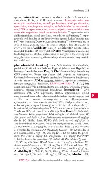 spasm; Interactions: Serotonin syndrome with cyclobenzaprine, 
anorexiants, TCAs, or SSRI antidepressants; Hypertensive crisis may 
occur with amphetamines, methyldopa, buspirone, levodopa, dopamine, 
epinephrine, norepinephrine, reserpine, methylphenidate, or vasoconstric-tors; 
HTN or hypotension, coma, seizures, resp depression, and death may 
occur with meperidine (avoid use within 2–3 wk); hypotension with 
antihypertensives, spinal anesthesia, opioids, or barbiturates; hypo-glycemia 
with insulins or oral hypoglycemic agents; Risk of seizures may 
be with tramadol; Dose: PO: Adults: 15 mg tid; to 60–90 mg/day in 
divided doses; gradually reduce to smallest effective dose (15 mg/day or 
every other day); Availability: Tabs: 15 mg; Monitor: Mental status, 
mood, LFTs, CBC, BP,HR, wt, I/Os;Notes:Avoid tyramine-containing 
foods, tryptophan, alcohol, and caffeine; do not give in the evening due 
to psychomotor stimulating effects. Abrupt discontinuation may precipi-tate 
withdrawal. 
phenobarbital (Luminal) Uses: Anticonvulsant for tonic-clonic, 
partial, and febrile seizures; Sedation; Hypnotic (short-term); Hyperbiliru-binemia; 
Class: barbiturates; Preg: D; CIs: Hypersensitivity; Pre-existing 
CNS depression; Severe resp disease with dyspnea or obstruction; 
Uncontrolled severe pain; Hepatic dysfunction; Severe renal impairment; 
Suicidal tendency; ADRs: hangover, delirium, depression, drowsiness, 
lethargy, vertigo, resp depression, LARYNGOSPASM, LFTs, → 
BP, 
constipation, N/V/D, photosensitivity, rash, urticaria, arthralgia, myalgia, 
neuralgia, physical/psychological dependence; Interactions: CNS 
depression with CNS depressants, alcohol, antihistamines, opioid 
analgesics, and other sedative/hypnotics; May induce hepatic enzymes that 
effects of hormonal contraceptives, warfarin, chloramphenicol, 
cyclosporine, dacarbazine, corticosteroids,TCAs, felodipine, clonazepam, 
carbamazepine, verapamil, theophylline, metronidazole, and quinidine; 
hepatic toxicity of acetaminophen;MAOIs and valproates metabolism/ 
sedation; Rifampin may metabolism → 
effects; Dose: IV: Adults, Peds, 
and Neonates: Status epilepticus—15–20 mg/kg in 1–2 divided doses. IV, 
PO: Adults and Peds: 12 yr Anticonvulsant maintenance—1–3 mg/kg/ 
day in 1–2 divided doses. IV, PO: Peds: 5–12 yr: 4–6 mg/kg/day in 
1–2 divided doses. IV, PO: Peds: 1–5 yr: 6–8 mg/kg/day in 1–2 divided doses. 
IV, PO: Infants: 5–6 mg/kg/day in 1–2 divided doses. IV, PO: Neonates: 
3–5 mg/kg/day once daily. PO, IM: Adults: Sedation—30–120 mg/day in 
2–3 divided doses. Preop—100–200 mg IM 1–1.5 hrs before the proce-dure. 
→ 
→ 
→ 
→ 
PO: Peds: 2 mg/kg tid. Preoperative—1–3 mg/kg PO/IM/IV 
1–1.5 hrs before the procedure. PO, Subcut, IV, IM: Adults: Hypnotic— 
100–320 mg at bedtime. IV, IM, Subcut: Peds: 3–5 mg/kg at bedtime. PO: 
Adults: Hyperbilirubinemia—90–180 mg/day in 2–3 divided doses. PO: 
Peds: 12 yr: 3–8 mg/kg/day in 2–3 divided doses (max 12 mg/kg/day); 
Availability (G): Tabs: 15, 30, 60, 100 mg. Elixir: 20 mg/5 ml. Injec-tion: 
30 mg/ml, 60 mg/ml, 65 mg/ml, 130 mg/ml; Monitor: RR, 
→ 
→ 
→ 
→ 
→ 
→ 
→ 
phenobarbital 211 
P 
CAPITALS indicates life-threatening; underlines indicate most frequent 
 
