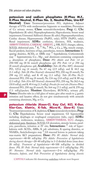 216 potassium and sodium phosphates 
potassium and sodium phosphates (K-Phos M.F., 
K-Phos Neutral, K-Phos No. 2, Neutra-Phos, Uro-KP 
Neutral) Uses: Treatment/prevention PO4 depletion; Adjunct 
therapy of UTIs with methenamine hippurate or mandelate; Prevention 
of Ca urinary stones; Class: minerals/electrolytes; Preg: C; CIs: 
Hyperkalemia (K salts); Hyperphosphatemia; Hypocalcemia; Severe renal 
impairment; Untreated Addison’s disease (K salts); Hyperparathyroidism; 
Cardiac disease; Hypernatremia (NaPO4 only); HTN (NaPO4 only); 
Renal impairment; ADRs: confusion, dizziness, HA, weakness, 
ARRHYTHMIAS, CARDIAC ARREST, → 
HR, ECG changes, edema, 
N/V/D, abdominal pain, K, Na, PO4, → 
Ca, → 
Mg, muscle cramps, 
flaccid paralysis, heaviness of legs, paresthesias, tremors; Interactions: K-sparing 
→ 
→ 
→ 
→ 
diuretics, ACEIs, or ARBs may hyperkalemia; Corticosteroids 
→ 
may hypernatremia; Ca-, Mg-, and aluminum-containing compounds 
absorption of phosphates; Dose: PO: Adults and Peds: 4 yr: 
→ 
250–500 mg (8–16 mmol) phosphorus qid. PO: Peds: 4 yr 250 mg 
(8 mmol) phosphorus qid; Availability: Tabs (K-Phos MF): elemental 
PO4 125.6 mg (4 mmol), Na 67 mg (2.9 mEq), and K 44.5 mg 
(1.1 mEq). Tabs (K-Phos Neutral): elemental PO4 250 mg (8 mmol), Na 
298 mg (13 mEq), and K 45 mg (1.1 mEq). Tabs (K-Phos No.2): 
elemental PO4 250 mg (8 mmol), Na 134 mg (5.8 mEq), and K 88 mg 
(2.3 mEq). Tabs (Uro-KP Neutral): elemental PO4 258 mg, Na 262.4 mg 
(10.8 mEq), and K 49.4 mg (1.3 mEq). Powder for oral soln (Neutra-Phos): 
elemental PO4 250 mg (8 mmol), Na 164 mg (7.1 mEq), and K 278 mg 
(7.1 mEq)/packet; Monitor: Electrolytes, BUN/SCr, urinary pH; 
Notes: Dissolve tabs in a full glass of water; give after meals to gastric 
irritation and laxative effect; do not give simultaneously with antacids 
containing aluminum, Mg, or Ca. 
potassium chloride (Kaon-Cl, Kay Ciel, KCl, K-Dur, 
Klor-Con, Klotrix, K-Tab, Micro-K, Slow-K) Uses: 
Treatment/prevention of K depletion;Class: minerals/electrolytes; Preg: 
C; CIs: Hyperkalemia; Severe renal impairment; GI hypomotility 
including dysphagia or esophageal compression (tabs, caps); ADRs: 
confusion, restlessness, weakness, ARRHYTHMIAS, ECG changes, 
abdominal pain, flatulence, N/V/D, GI ulceration, stenotic lesions, paral-ysis, 
→ 
→ 
paresthesia, irritation at IV site; Interactions: risk of hyper-kalemia 
with ACEIs, ARBs, K salt substitutes, K-sparing diuretics, or 
→ 
NSAIDs, Anticholinergics may GI mucosal lesions in patients taking 
wax-matrix KCl preparations; Dose: PO: IV: Adults: Normal daily 
requirements—40–80 mEq/day. PO: Adults: Prevention of hypokalemia 
during diuretic therapy—20–40 mEq/day in 1–2 divided doses (max dose: 
20 mEq). Treatment of hypokalemia—40–100 mEq/day in divided 
doses. PO, IV: Peds: Normal daily requirements—2–3 mEq/kg/day. PO, 
IV: Neonates: Normal daily requirements—2–6 mEq/kg/day. PO: 
Neonates, Infants, and Peds Prevention of hypokalemia during diuretic 
P 
CAPITALS indicates life-threatening; underlines indicate most frequent 
 