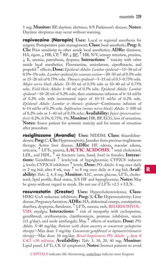5 mg; Monitor: BP, daytime alertness, S/S Parkinson’s disease; Notes: 
Daytime sleepiness may occur without warning. 
ropivacaine (Naropin) Uses: Local or regional anesthesia for 
surgery; Postoperative pain management; Class: local anesthetic; Preg: B; 
CIs: Prior sensitivity to other amide local anesthetics; ADRs: dizziness, 
HA, rigors, HR, CP, BP, BP, HR, N/V, urinary retention, pruritus, 
K, anemia, paresthesia, dyspnea; Interactions: toxicity with other 
amide local anesthetics; Fluvoxamine, amiodarone, ciprofloxacin, and 
propofol effects; Dose: Epidural: Adults: Lumbar epidural—15–30 ml of 
0.5%–1% soln. Lumbar epidural for cesarean section—20–30 ml of 0.5% soln 
or 15–20 ml of 0.75% soln. Thoracic epidural—5–15 ml of 0.5–0.75% soln. 
Major nerve block: Adults: 35–50 ml of 0.5% soln or 10–40 ml of 0.75% 
soln. Field block: Adults: 1–40 ml of 0.5% soln. Epidural: Adults: Lumbar 
epidural—10–20 ml of 0.2% soln, then continuous infusion of 6–14 ml/hr 
of 0.2% soln with incremental inject of 10–15 ml/hr of 0.2% soln. 
Epidural: Adults: Lumbar or thoracic epidural—Continuous infusion of 
6–14 ml/hr of 0.2% soln. Infiltration (minor nerve block): Adults: 1–100 ml 
of 0.2% soln or 1–40 ml of 0.5% soln; Availability: Inject (preservative-free): 
→ 
→ → 
0.2%, 0.5%, 0.75%, 1%; Monitor:HR, BP, ECG, loss of sensation; 
Notes: Assess patient for systemic toxicity and for return of sensation 
after procedure. 
rosiglitazone (Avandia) Uses: NIDDM; Class: thiazolidine-diones; 
Preg: C; CIs:Hypersensitivity; Jaundice from previous troglitazone 
therapy; Active liver disease; ADRs: HF, edema, macular edema, 
urticaria, LFTs, anemia, LACTIC ACIDOSIS, total cholesterol, 
LDL, and HDL, → 
wt fractures (arm, hand, foot) in females; Interac-tions: 
Gemfibrozil levels/risk of hypoglycemia; CYP2C8 inducers 
→ →→ 
levels; CYP2C8 inhibitors levels; Dose: PO: Adults: 4 mg once daily 
or 2 mg bid; after 8 wk, may to 8 mg once daily or 4 mg bid; Avail-ability: 
Tabs: 2, 4, 8 mg; Monitor: A1C, serum glucose, LFTs, choles-terol, 
lipid profile, fluid status, S/S HF and hypoglycemia; Notes: May 
be given without regard to meals. Do not use if LFTs 2.5 × ULN. 
rosuvastatin (Crestor) Uses: Hypercholesterolemia; Class: 
HMG-CoA reductase inhibitors; Preg: X; CIs: Hypersensitivity; Liver 
disease, Pregnancy/lactation; ADRs: HA, abdominal cramps, constipation, 
diarrhea, dyspepsia, flatulence, LFTs, nausea, rash, RHABDOMYOL-YSIS, 
myalgia; Interactions: risk of myopathy with cyclosporine, 
gemfibrozil, erythromycin, clarithromycin, protease inhibitors, niacin 
(≥1 g/day), and azole antifungals; May → 
effects of warfarin; Dose: PO: 
Adults: 5–40 mg/day. Patients with Asian ancestry or concurrent cyclosporine 
therapy—Max dose: 5 mg/day. Concurrent gemfibrozil or lopinavir/ritonavir 
therapy—Max dose: 10 mg/day. Renal Impairment PO: Adults: → 
dose if 
CrCl 30 ml/min; Availability: Tabs: 5, 10, 20, 40 mg; Monitor: 
Lipid panel, LFTs, CK (if symptoms); Notes: Instruct patients to avoid 
→ 
→ 
→ 
→ 
→ 
→ 
→ 
→ 
→ 
rosuvastatin 239 
R 
CAPITALS indicates life-threatening; underlines indicate most frequent 
 