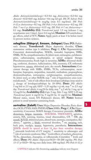 Adults: Antiemetic/anticholinergic—0.3–0.6 mg; Antisecretory—0.2–0.6 mg; 
Amnestic—0.32–0.65 mg; Sedation—0.6 mg tid-qid. IM, IV, Subcut: Peds: 
Antiemetic/anticholinergic—6 mcg/kg (max 0.3 mg/dose). IM: Peds: 
8–12 yr Antisecretory—0.3 mg. IM: Peds: 3–8 yr Antisecretory—0.2 mg. IM: 
Peds: 7 mo–3 yr Antisecretory—0.15 mg. IM: Peds: 4–7 mo Antisecretory— 
0.1 mg; Availability (G): Transdermal patch: 1.5 mg (releases 1 mg 
scopolamine over 3 days). Inject: 0.4 mg/ml; Monitor: S/S anticholiner-gic 
effects, relief of N/V; Notes: Apply patch at least 4 hr before travel 
to prevent motion sickness. 
selegiline (Eldepryl, Emsam, Zelapar) Uses: PO: Parkin-son’s 
disease; Transdermal: Major depressive disorder; Class: 
monoamine oxidase type b inhibitors; Preg: C; CIs: Hypersensitivity; 
Concurrent dextromethorphan, MAOIs, tramadol, bupropion, SSRIs, 
SNRIs,TCAs, sympathomimetics, St. John’s wort, mirtazapine, cyclobenza-prine, 
carbamazepine, oxcarbazepine, or opioid analgesic therapy; 
Pheochromocytoma; Foods high in tyramine; ADRs: abnormal think-ing, 
confusion, dizziness, hallucinations, HA, insomnia, CP, orthostatic 
hypotension, nausea, abdominal pain, dry mouth; Interactions: Con-current 
therapy with SSRIs, SNRIs, TCAs, carbamazepine, oxcar-bazepine, 
bupropion, meperidine, tramadol, methadone, propoxyphene, 
dextromethorphan, mirtazapine, cyclobenzaprine, sympathomimetics, 
St. John’s wort, or other MAOIs may risk of hypertensive crisis (con-traindicated), 
risk of side effects from levodopa/carbidopa (may need to 
dosage of levodopa/carbidopa by 10–30%); Dose: PO: Adults: 
5 mg bid or 2.5 mg qid; ODT—1.25 mg/day × 6 wk, may to 2.5 mg/ 
day. Transdermal: Adults: 6 mg/24 hr daily, may q 2 wk by 3 mg, up to 
12 mg/24 hr; Availability (G): Caps: 5 mg. Tabs: 5 mg. ODT: 1.25 mg. 
Transdermal patch: 6 mg/24 hr, 9 mg/24 hr, 12 mg/24 hr; Monitor: 
Mental status, mood, S/S Parkinson’s disease, BP; Notes: Instruct 
patient to avoid tyramine-containing foods. 
sertraline (Zoloft) Uses: Major Depressive Disorder; Panic disor-der; 
OCD; PTSD; SAD; PMDD;Class: SSRIs; Preg: C; CIs: Hyper-sensitivity; 
Concurrent MAOI therapy; Concurrent pimozide; ADRs: 
drowsiness, fatigue, insomnia, SUICIDAL THOUGHTS, agitation, 
anxiety, HA, yawning, tinnitus, visual abnormalities, CP, HR, dry 
mouth, N/V/D, abdominal pain, altered taste, anorexia, constipation, flat-ulence, 
appetite, libido, menstrual disorders, wt, sweating, rash, 
back pain, myalgia, tremor, hypertonia, paresthesia; Interactions: 
MAOIs should be spaced at least 14 days from sertraline therapy; 
pimozide levels/risk of CV toxicity; sensitivity to adrenergics and 
risk of serotonin syndrome; May levels/effects of warfarin, phenytoin, 
TCAs, alprazolam, cloazapine, or tolbutamide; Cimetidine → 
levels and 
effects; Dose: PO: Adults: Depression/OCD—50–200 mg/day. PO: Peds: 
13–17 yr OCD—50 mg once daily (max: 200 mg/day). PO: Peds: 6–12 yr 
→ 
→ 
→ 
→ 
→ 
→ 
→ 
→ 
→ 
→ 
→ 
→ 
→ 
sertraline 241 
S 
CAPITALS indicates life-threatening; underlines indicate most frequent 
 