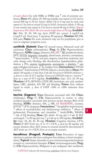 → → 
tacrolimus 249 
of each other); Use with SSRIs or SNRIs may risk of serotonin syn-drome; 
Dose: PO: Adults: 25–100 mg initially, may repeat in 2 hr (not to 
exceed 200 mg in 24 hr). Subcut: Adults: Up to 6 mg may be used, may 
repeat in 1 hr (not to exceed 12 mg in 24 hr). Intranasal: Adults: 5–20 mg 
in one nostril, may repeat in 2 hr (not to exceed 40 mg in 24 hr). Hepatic 
Impairment PO: Adults: Do not exceed single doses of 50 mg; Availabil-ity: 
Tabs: 25, 50, 100 mg. Inject (STAT dose system): 4 mg/0.5-ml, 
6 mg/0.5-ml. Nasal spray: 5 mg/spray, 20 mg/spray; Monitor: BP, HR, 
HA pain; Notes: For acute treatment only, not for prophylaxis; give as 
soon as migraine symptoms occur. 
sunitinib (Sutent) Uses: GI stromal tumor; Advanced renal cell 
carcinoma; Class: antineoplastics; Preg: D; CIs: Hypersensitivity; 
Pregnancy; ADRs: fatigue, dizziness, HA, HF, BP, peripheral edema, 
DVT, N/V/D, dyspepsia, stomatitis, altered taste, anorexia, constipation, 
lipase/amylase, LFTs, oral pain, alopecia, hand-foot syndrome, hair 
color change, rash, bleeding, skin discoloration, hypothyroidism, dehy-dration, 
→ 
→ 
→ 
PO4, anemia, lymphopenia, neutropenia, platelets, uric 
→ 
→ 
→→ 
acid, arthralgia, back pain, K, myalgia, fever; Interactions: CYP3A4 
inhibitors → 
levels/toxicity; CYP3A4 inducers → 
levels/effects; Dose: PO: 
Adults: 50 mg/day × 4 wk, then 2 wk off. Concurrent CYP3A4 inhibitors— 
dose to a min of 37.5 mg/day. Concurrent CYP3A4 inducers—need to 
dose to a max of 87.5 mg/day; Availability: Caps: 12.5, 25, 50 mg; 
Monitor: LFTs, BUN/SCr, LVEF, BP, electrolytes, uric acid, amylase/ 
lipase, CBC, platelets, S/S HF and bleeding; Notes: Give without 
regard to meals. → 
dose if LVEF 50% or 20% reduction from 
baseline. 
tacrine (Cognex) Uses: Dementia associated with AD; Class: 
cholinergics; Preg: C; CIs: Hypersensitivity to tacrine or other 
acridines; Jaundice associated with previous tacrine therapy; Risk of GI 
bleeding; ADRs: dizziness, HA, → 
HR, GI BLEEDING, anorexia, 
N/V/D, → 
LFTs, dyspepsia; Interactions: → 
theophylline levels/toxicity; 
effects of succinylcholine and cholinesterase inhibitors; effects of 
bethanechol; Fluvoxamine and cimetidine levels/ADRs; NSAIDs 
risk of GI bleeding; Dose: PO: Adults: 10 mg qid × 4 wk. If ALT 
unchanged, to 20 mg qid; may q 4 wk up to 160 mg/day; Availabil-ity: 
→ 
→ 
→ 
→ 
→ 
→ 
→ 
Caps: 10, 20, 30, 40 mg; Monitor: Cognitive function, LFTs; 
→ 
Notes: If ALT levels are 3 to 5 × ULN, → 
dose by 40 mg/day and 
resume titration when ALT returns to normal; should be discontinued if 
ALT levels are 5 × ULN. Give on an empty stomach. 
tacrolimus (Prograf, Protopic) Uses: Prevention of organ 
rejection in patients who have undergone liver, kidney, or heart transplan-tation; 
Topical: Atopic dermatitis in non-immunocompromised patients 
resistant to conventional therapies; Class: immunosuppressants; Preg: 
C; CIs: Hypersensitivity; Malignant or pre-malignant skin conditions; 
T 
CAPITALS indicates life-threatening; underlines indicate most frequent 
 