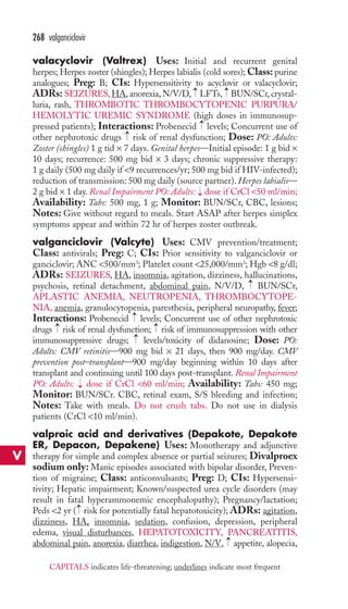 valacyclovir (Valtrex) Uses: Initial and recurrent genital 
herpes; Herpes zoster (shingles); Herpes labialis (cold sores);Class: purine 
analogues; Preg: B; CIs: Hypersensitivity to acyclovir or valacyclovir; 
ADRs: SEIZURES,HA, anorexia, N/V/D, → 
LFTs, → 
BUN/SCr, crystal-luria, 
rash, THROMBOTIC THROMBOCYTOPENIC PURPURA/ 
HEMOLYTIC UREMIC SYNDROME (high doses in immunosup-pressed 
patients); Interactions: Probenecid levels; Concurrent use of 
other nephrotoxic drugs risk of renal dysfunction; Dose: PO: Adults: 
Zoster (shingles) 1 g tid × 7 days. Genital herpes—Initial episode: 1 g bid × 
10 days; recurrence: 500 mg bid × 3 days; chronic suppressive therapy: 
1 g daily (500 mg daily if 9 recurrences/yr; 500 mg bid if HIV-infected); 
reduction of transmission: 500 mg daily (source partner).Herpes labialis— 
2 g bid × 1 day. Renal Impairment PO: Adults: dose if CrCl 50 ml/min; 
Availability: Tabs: 500 mg, 1 g; Monitor: BUN/SCr, CBC, lesions; 
Notes: Give without regard to meals. Start ASAP after herpes simplex 
symptoms appear and within 72 hr of herpes zoster outbreak. 
valganciclovir (Valcyte) Uses: CMV prevention/treatment; 
Class: antivirals; Preg: C; CIs: Prior sensitivity to valganciclovir or 
ganciclovir; ANC 500/mm3; Platelet count 25,000/mm3; Hgb 8 g/dl; 
ADRs: SEIZURES, HA, insomnia, agitation, dizziness, hallucinations, 
psychosis, retinal detachment, abdominal pain, N/V/D, BUN/SCr, 
APLASTIC ANEMIA, NEUTROPENIA, THROMBOCYTOPE-NIA, 
anemia, granulocytopenia, paresthesia, peripheral neuropathy, fever; 
→ 
Interactions: Probenecid levels; Concurrent use of other nephrotoxic 
drugs → 
risk of renal dysfunction; → 
risk of immunosuppression with other 
immunosuppressive drugs; levels/toxicity of didanosine; Dose: PO: 
Adults: CMV retinitis—900 mg bid × 21 days, then 900 mg/day. CMV 
prevention post–transplant—900 mg/day beginning within 10 days after 
transplant and continuing until 100 days post-transplant. Renal Impairment 
PO: Adults: → 
dose if CrCl 60 ml/min; Availability: Tabs: 450 mg; 
Monitor: BUN/SCr. CBC, retinal exam, S/S bleeding and infection; 
Notes: Take with meals. Do not crush tabs. Do not use in dialysis 
patients (CrCl 10 ml/min). 
valproic acid and derivatives (Depakote, Depakote 
ER, Depacon, Depakene) Uses: Monotherapy and adjunctive 
therapy for simple and complex absence or partial seizures; Divalproex 
sodium only: Manic episodes associated with bipolar disorder, Preven-tion 
of migraine; Class: anticonvulsants; Preg: D; CIs: Hypersensi-tivity; 
Hepatic impairment; Known/suspected urea cycle disorders (may 
result in fatal hyperammonemic encephalopathy); Pregnancy/lactation; 
Peds 2 yr → 
( risk for potentially fatal hepatotoxicity); ADRs: agitation, 
dizziness, HA, insomnia, sedation, confusion, depression, peripheral 
edema, visual disturbances, HEPATOTOXICITY, PANCREATITIS, 
abdominal pain, anorexia, diarrhea, indigestion, N/V, → 
appetite, alopecia, 
→ 
→ 
→ 
→ 
→ 
268 valganciclovir 
V 
CAPITALS indicates life-threatening; underlines indicate most frequent 
 