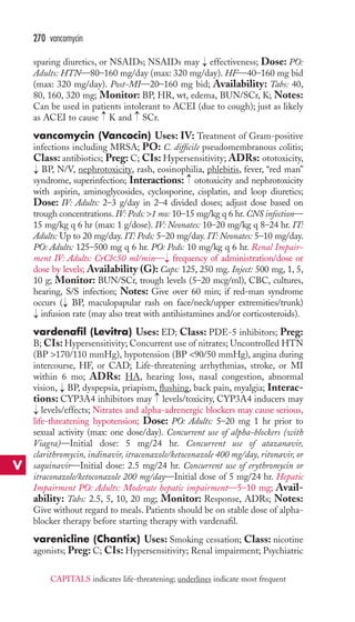 270 vancomycin 
sparing diuretics, or NSAIDs; NSAIDs may → 
effectiveness; Dose: PO: 
Adults: HTN—80–160 mg/day (max: 320 mg/day). HF—40–160 mg bid 
(max: 320 mg/day). Post-MI—20–160 mg bid; Availability: Tabs: 40, 
80, 160, 320 mg; Monitor: BP, HR, wt, edema, BUN/SCr, K; Notes: 
Can be used in patients intolerant to ACEI (due to cough); just as likely 
as ACEI to cause → 
K and → 
SCr. 
vancomycin (Vancocin) Uses: IV: Treatment of Gram-positive 
infections including MRSA; PO: C. difficile pseudomembranous colitis; 
Class: antibiotics; Preg: C; CIs: Hypersensitivity; ADRs: ototoxicity, 
BP, N/V, nephrotoxicity, rash, eosinophilia, phlebitis, fever, “red man” 
syndrome, superinfection; Interactions: → 
ototoxicity and nephrotoxicity 
with aspirin, aminoglycosides, cyclosporine, cisplatin, and loop diuretics; 
Dose: IV: Adults: 2–3 g/day in 2–4 divided doses; adjust dose based on 
trough concentrations. IV: Peds: 1 mo: 10–15 mg/kg q 6 hr. CNS infection— 
15 mg/kg q 6 hr (max: 1 g/dose). IV: Neonates: 10–20 mg/kg q 8–24 hr. IT: 
Adults: Up to 20 mg/day. IT: Peds: 5–20 mg/day. IT:Neonates: 5–10 mg/day. 
PO: Adults: 125–500 mg q 6 hr. PO: Peds: 10 mg/kg q 6 hr. Renal Impair-ment 
IV: Adults: CrCl50 ml/min— → 
frequency of administration/dose or 
→ 
dose by levels; Availability (G): Caps: 125, 250 mg. Inject: 500 mg, 1, 5, 
10 g; Monitor: BUN/SCr, trough levels (5–20 mcg/ml), CBC, cultures, 
hearing, S/S infection; Notes: Give over 60 min; if red-man syndrome 
occurs ( BP, maculopapular rash on face/neck/upper extremities/trunk) 
infusion rate (may also treat with antihistamines and/or corticosteroids). 
vardenafil (Levitra) Uses: ED; Class: PDE-5 inhibitors; Preg: 
B; CIs: Hypersensitivity; Concurrent use of nitrates; Uncontrolled HTN 
(BP 170/110 mmHg), hypotension (BP 90/50 mmHg), angina during 
intercourse, HF, or CAD; Life-threatening arrhythmias, stroke, or MI 
within 6 mo; ADRs: HA, hearing loss, nasal congestion, abnormal 
vision, BP, dyspepsia, priapism, flushing, back pain, myalgia; Interac-tions: 
→ 
→ 
→ 
CYP3A4 inhibitors may levels/toxicity, CYP3A4 inducers may 
→ 
levels/effects; Nitrates and alpha-adrenergic blockers may cause serious, 
life-threatening hypotension; Dose: PO: Adults: 5–20 mg 1 hr prior to 
sexual activity (max: one dose/day). Concurrent use of alpha-blockers (with 
Viagra)—Initial dose: 5 mg/24 hr. Concurrent use of atazanavir, 
clarithromycin, indinavir, itraconazole/ketoconazole 400 mg/day, ritonavir, or 
saquinavir—Initial dose: 2.5 mg/24 hr. Concurrent use of erythromycin or 
itraconazole/ketoconazole 200 mg/day—Initial dose of 5 mg/24 hr. Hepatic 
Impairment PO: Adults: Moderate hepatic impairment—5–10 mg; Avail-ability: 
Tabs: 2.5, 5, 10, 20 mg; Monitor: Response, ADRs; Notes: 
→ 
Give without regard to meals. Patients should be on stable dose of alpha-blocker 
therapy before starting therapy with vardenafil. 
varenicline (Chantix) Uses: Smoking cessation; Class: nicotine 
agonists; Preg: C; CIs: Hypersensitivity; Renal impairment; Psychiatric 
V 
CAPITALS indicates life-threatening; underlines indicate most frequent 
 