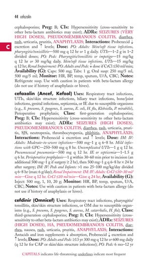 cephalosporins; Preg: B; CIs: Hypersensitivity (cross-sensitivity to 
other beta-lactam antibiotics may exist); ADRs: SEIZURES (VERY 
HIGH DOSES), PSEUDOMEMBRANOUS COLITIS, diarrhea, 
rash, urticaria, pruritis, ANAPHYLAXIS; Interactions: Probenecid 
excretion and levels; Dose: PO: Adults: Skin/soft tissue infections, 
pharyngitis/tonisillitis—500 mg q 12 hr or 1 g daily. UTIs—1–2 g in 1–2 
divided doses; PO: Peds: Pharyngitis/tonsillitis or impetigo—15 mg/kg 
q 12 hr or 30 mg/kg daily. Skin/soft tissue infections, UTIs—15 mg/kg 
q 12 hr; Renal Impairment: PO: Adults and Peds: dose if CrCl ≤50 ml/min; 
Availability (G): Caps: 500 mg; Tabs: 1 g; Oral susp: 250 mg/5 ml, 
500 mg/5 ml; Monitor: HR, BP, temp, sputum, U/A, CBC; Notes: 
Refrigerate susp. Use with caution in patients with beta-lactam allergy 
(do not use if history of anaphylaxis or hives). 
cefazolin (Ancef, Kefzol) Uses: Respiratory tract infections, 
UTIs, skin/skin structure infections, biliary tract infections, bone/joint 
infections, genital infections, septicemia, or IE due to susceptible organisms 
(e.g., S. pneumo, S. pyogenes, S. aureus, E. coli, H. flu, Klebsiella, P. mirabilis), 
Perioperative prophylaxis; Class: first-generation cephalosporins; 
Preg: B; CIs: Hypersensitivity (cross-sensitivity to other beta-lactam 
antibiotics may exist); ADRs: SEIZURES (HIGH DOSES), 
PSEUDOMEMBRANOUS COLITIS, diarrhea, rash, urticaria, pruri-tis, 
SJS, neutropenia, thrombocytopenia, phlebitis, ANAPHYLAXIS; 
Interactions: Probenecid excretion and levels; Dose: IM: IV: 
Adults: Moderate-to-severe infections—500 mg–1 g q 6–8 hr. Mild infec-tions 
with GPC—250–500 mg q 8 hr. Uncomplicated UTIs—1 g q 12 hr. 
Pneumococcal pneumonia—500 mg q 12 hr. IE or septicemia—1–1.5 g 
q 6 hr. Perioperative prophylaxis—1 g within 30–60 min prior to incision (an 
additional 500 mg–1 g if surgery ≥ 2 hr), then 500 mg–1 g q 6–8 hr × 24 hr 
after surgery; IM: IV: Peds and Infants: 1 mo 25–100 mg/kg/day divided 
q 6–8 hr (max: 6 g/day); Renal Impairment: IM: IV: Adults: CrCl ≤10–30 ml/ 
min—Give q 12 hr. CrCl ≤10 ml/min—Give q 24 hr; Availability (G): 
Inject: 500 mg, 1, 10, 20 g; Monitor: HR, BP, temp, sputum, U/A, 
CBC; Notes: Use with caution in patients with beta-lactam allergy (do 
not use if history of anaphylaxis or hives). 
cefdinir (Omnicef) Uses: Respiratory tract infections, pharyngitis/ 
tonsillitis, skin/skin structure infections, or OM due to susceptible organ-isms 
(e.g., S. pneumo, S. pyogenes, S. aureus, M. catarrhalis, H. flu); Class: 
third-generation cephalosporins; Preg: B; CIs: Hypersensitivity (cross-sensitivity 
to other beta-lactam antibiotics may exist); ADRs: SEIZURES 
(HIGH DOSES), HA, PSEUDOMEMBRANOUS COLITIS, diar-rhea, 
nausea, rash, urticaria, pruritis, ANAPHYLAXIS; Interactions: 
Antacids and iron supplements absorption, Probenecid excretion and 
levels; Dose: PO: Adults and Peds: ≥13 yr 300 mg q 12 hr or 600 mg daily 
(q 12 hr for CAP or skin/skin structure infections); PO: Peds: 6 mo–12 yr 
→ 
→ 
→ 
→ 
→ 
→ 
→ 
→ 
44 cefazolin 
C 
CAPITALS indicates life-threatening; underlines indicate most frequent 
 