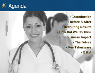 Agenda Introduction Before & After Recruiting Results How Did We Do This? Business Impact The Future Key Takeaways Q & A 