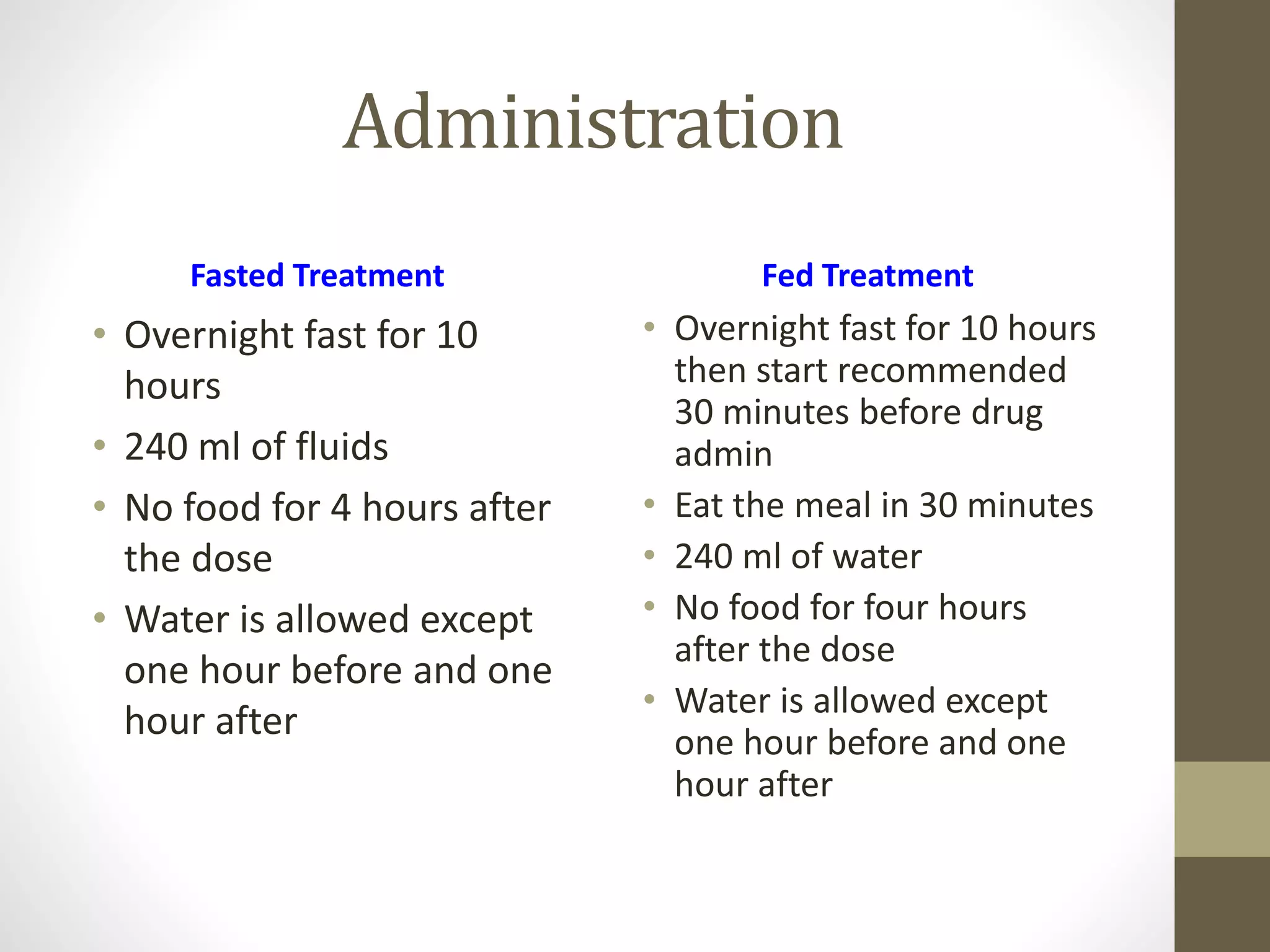 Administration
Fasted Treatment
• Overnight fast for 10
hours
• 240 ml of fluids
• No food for 4 hours after
the dose
• Water is allowed except
one hour before and one
hour after
Fed Treatment
• Overnight fast for 10 hours
then start recommended
30 minutes before drug
admin
• Eat the meal in 30 minutes
• 240 ml of water
• No food for four hours
after the dose
• Water is allowed except
one hour before and one
hour after
 