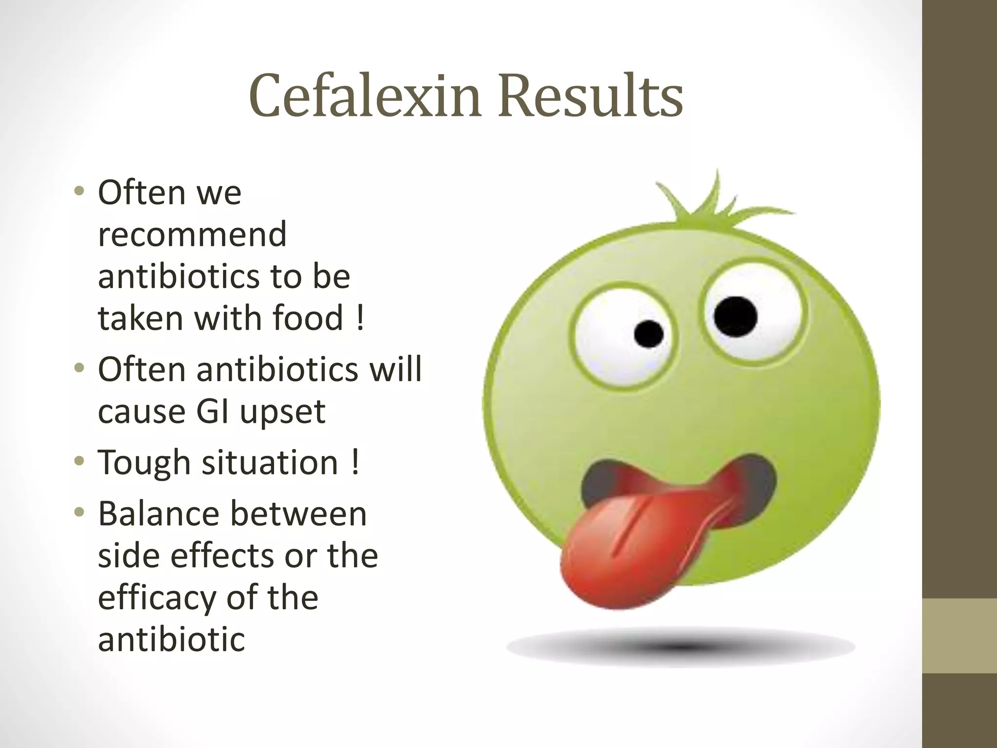 Cefalexin Results
• Often we
recommend
antibiotics to be
taken with food !
• Often antibiotics will
cause GI upset
• Tough situation !
• Balance between
side effects or the
efficacy of the
antibiotic
 