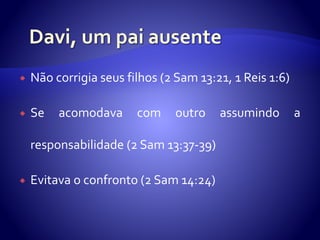  Não corrigia seus filhos (2 Sam 13:21, 1 Reis 1:6)
 Se acomodava com outro assumindo a
responsabilidade (2 Sam 13:37-39)
 Evitava o confronto (2 Sam 14:24)
 